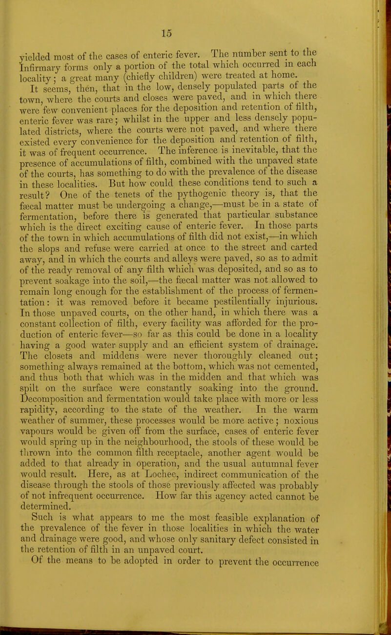 yielded most of the cases of enteric fever. The number sent to the Infirmary forms only a portion of the total which occurred m each locality; a great many (chiefly children) were treated at home. It seems, then, that in the low, densely populated parts of the town, where the courts and closes were paved, and m which theie were few convenient places for the deposition and retention of filth, enteric fever was rare 5 whilst in the upper and less densely popu- lated districts, where the courts were not paved, and where there existed every convenience for the deposition and letention of filth, it was of frequent occurrence. The inference is inevitable, that the presence of accumulations of filth, combined with the unpaved state of the courts, has something to do with the prevalence of the disease in these localities. But how could these conditions tend to such a result? One of the tenets of the pythogenic theory is, that the fecal matter must be undergoing a change,—must be in a state of fermentation, before there is generated that particular substance which is the direct exciting cause of enteric fever. In those parts of the town in which accumulations of filth did not exist,—in which the slops and refuse were carried at once to the street and carted away, and in which the courts and alleys were paved, so as to admit of the ready removal of any filth which was deposited, and so as to prevent soakage into the soil,—the fecal matter was not allowed to remain long enough for the establishment of the process of fermen- tation : it was removed before it became pestilentially injurious. In those unpaved courts, on the other hand, in which there was a constant collection of filth, every facility was afforded for the pro- duction of enteric fever—so far as this could be done in a locality having a good water supply and an efficient system of drainage. The closets and middens were never thoroughly cleaned out; something always remained at the bottom, which was not cemented, and thus both that which was in the midden and that which was spilt on the surface were constantly soaking into the ground. Decomposition and fermentation would take place with more or less rapidity, according to the state of the weather. In the warm weather of summer, these processes would be more active; noxious vapours would be given off from the surface, cases of enteric fever would spring up in the neighbourhood, the stools of these would be thrown into the common filth receptacle, another agent would be added to that already in operation, and the usual autumnal fever would result. Here, as at Lochec, indirect communication of the disease through the stools of those previously affected was probably of not infrequent occurrence. How far this agency acted cannot be determined. Such is what appears to me the most feasible explanation of the prevalence of the fever in those localities in which the water and drainage were good, and whose only sanitary defect consisted in the retention of filth in an unpaved court. Of the means to be adopted in order to prevent the occurrence