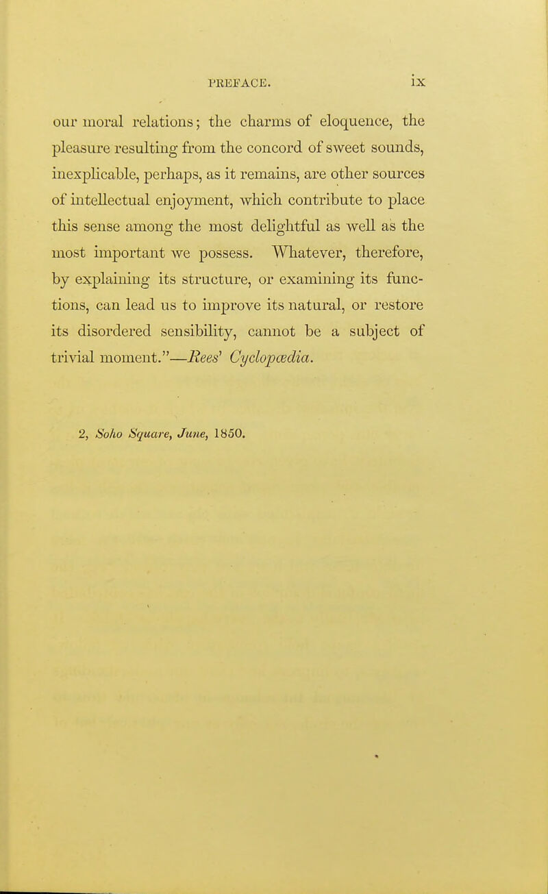 our moral relations; the charms of eloquence, the pleasure resultmg from the concord of sweet sounds, inexplicable, perhaps, as it remains, are other sources of intellectual enjoyment, which contribute to place this sense among the most delightful as well as the most important we possess. Whatever, therefore, by explaining its structure, or examining its func- tions, can lead us to improve its natural, or restore its disordered sensibility, cannot be a subject of trivial moment.—Bees' Cyclopcedia. 2, ISoho Square, June, 1850.