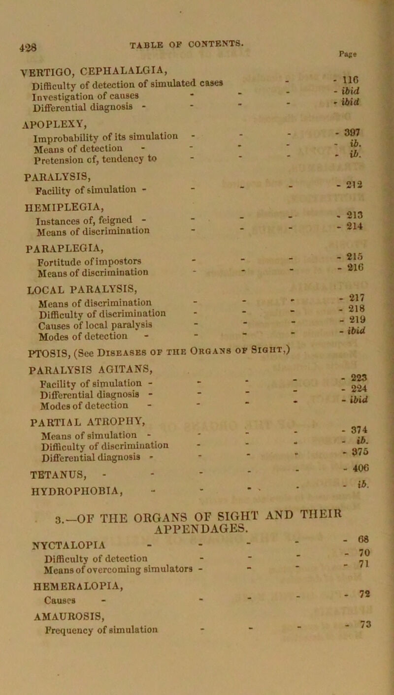 Page VERTIGO, CEPHALALGIA, Difficulty of detection of simulated cases Investigation of causes Differential diagnosis - apoplexy, Improbability of its simulation Means of detection Pretension cf, tendency to PARALYSIS, Facility of simulation - HEMIPLEGIA, Instances of, feigned - Means of discrimination PARAPLEGIA, Fortitude of impostors Means of discrimination LOCAL PARALYSIS, Means of discrimination Difficulty of discrimination Causes of local paralysis Modes of detection PTOSIS, (See Diseases of the Organ's of Sight,) PARALYSIS AGITANS, Facility of simulation - Differential diagnosis - Modes of detection PARTIAL ATROPHY, Means of simulation - Difficulty of discrimination Differential diagnosis - TETANUS, - HYDROPHOBIA, 3.—OF THE ORGANS OF SIGHT AND APPENDAGES. NYCTALOPIA Difficulty of detection Means of overcoming simulators - HEMERALOPIA, Causes AMAUROSIS, Frequency of simulation - 11C - ibid - ibid - 397 - ib. - ib. - 212 - 213 - 214 - 215 - 210 - 217 - 218 - 219 - ibid - 223 - 224 - ibid - 374 - ib. - 375 - 406 - ib. THEIR - 68 - 70 - 71 - 72 - 73