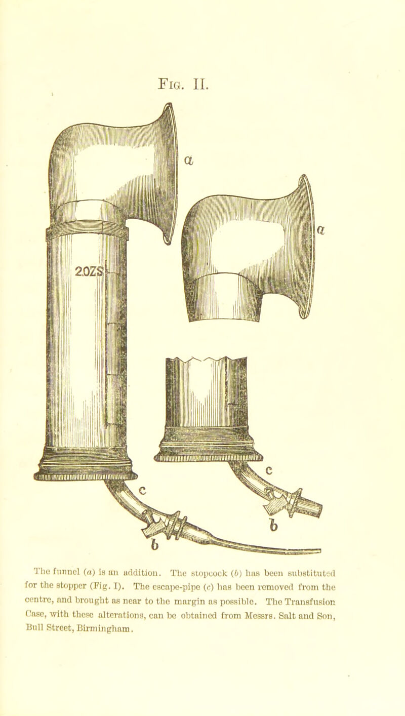 Thefiiniicl (a) is un udditioii. The siopcock (.b) lias buen subetituWil for the stopper (Fig. I). The escape-pipe (c) has licen removed from the centre, anil brought as near to the margin as possible. The Transfusion Case, -mth these alterations, can bo obtained from Messrs. Salt and Son, Bull Street, Birmingham.