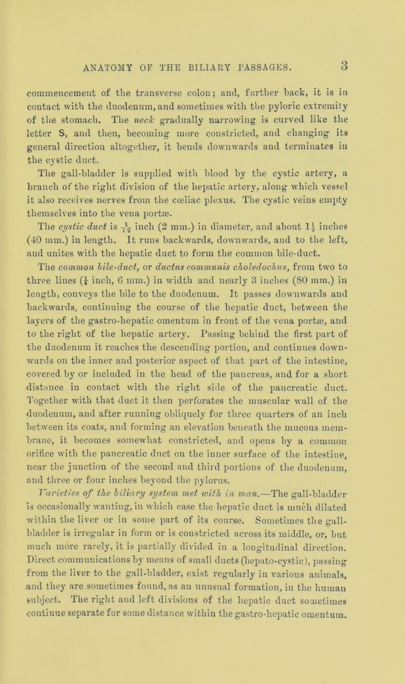 commencement of the transverse colon; and, further back, it is in contact with the duodenum, and sometimes with the pyloric extremity of the stomach. The neclc gradually narrowing is curved like the letter S, and then, becoming more constricted, and changing its general direction altogether, it bends downwards and terminates in the cystic duct. The gall-bladder is supplied with blood by the cystic artery, a branch of the right division of the hepatic artery, along which vessel it also receives nerves from the cadiac plexus. The cystic veins empty themselves into the vena portae. The cystic duct is ~ inch (2 mm.) in diameter, and about I) inches (40 mm.) in length. It runs backwards, downwards, and to the left, and unites with the hepatic duct to form the common bile-duct. The common bile-duct, or ducttis communis choledochus, from two to three lines {i inch, G mm.) in width and nearly 3 inches (80 mm.) in length, conveys the bile to the duodenum. It passes downwards and backwards, continuing the course of the hepatic duct, between the layers of the gastro-hepatic omentum in front of the vena portae, and to the right of the hepatic artery. Passing heliind the first part of the duodenum it reaches the descending portion, and continues down- wards on the inner and posterior as^iect of that part of the intestine, covered by or included in the head of the pancreas, and for a short distance in contact with the right side of the pancreatic duct. Together with that duct it then perforates the muscular wall of the duodenum, and after running obliquely for three quarters of an inch between its coats, and forming an elevation beneath the mucous mem- brane, it becomes somewhat constricted, and opens by a common orifice with the pancreatic duct on the inner surface of the intestine, near the junction of the second and third portions of the duodenum, and three or four inches beyond the pylorus. T~arieties of the biliary system met with in man.—The gall-bladder is occasionally wanting, in which case the hepatic duct is much dilated within the liver or in some part of its course. Sometimes the gall- bladder is irregular in form or is constricted across its middle, or, hut much more rarely, it is partially divided in a longitudinal direction. Direct communications by means of small ducts (hepato-cystic), passing from the liver to the gall-bladder, exist regularly in various animals, and they are sometimes found, as an unusual formation, in the human subject. The right and left divisions of the hepatic duct sometimes continue separate for some distance within the gastro-hepatic omentum.