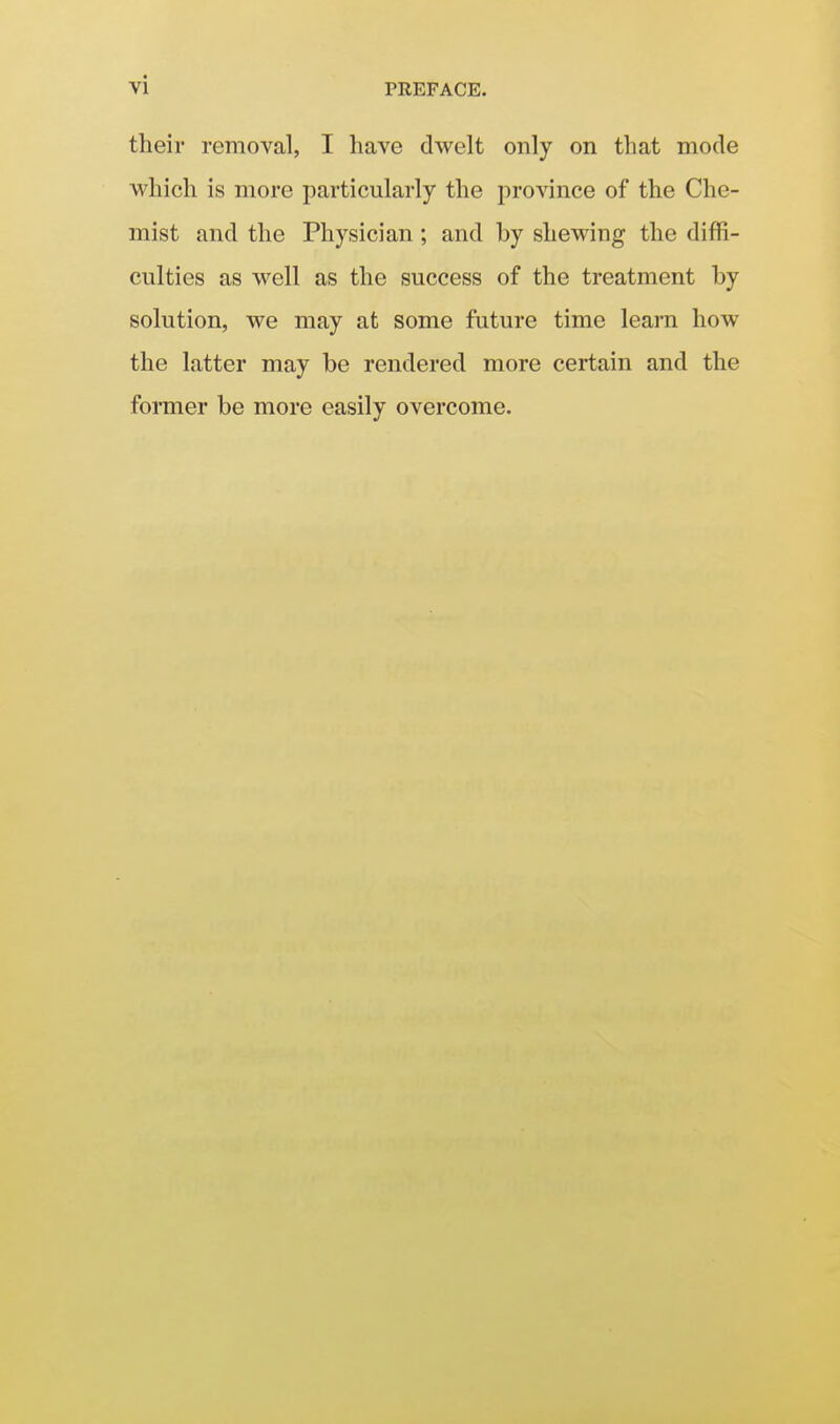 their removal, I have dwelt only on that mode which is more particularly the province of the Che- mist and the Physician; and by shewing the diffi- culties as well as the success of the treatment by solution, we may at some future time learn how the latter may be rendered more certain and the former be more easily overcome.