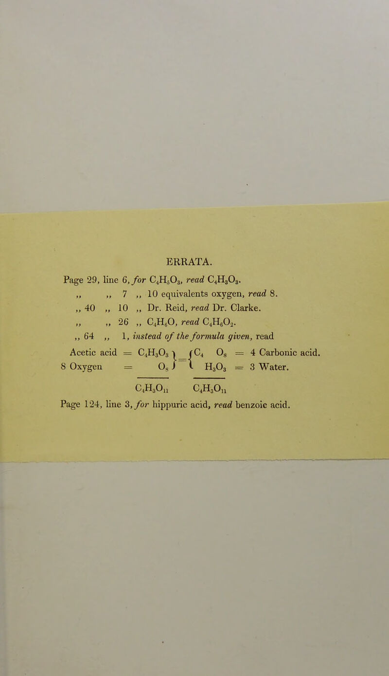 ERRATA. Page 29, line 6./or C4H,,03, read C^HaOg. „ ,, 7 10 equivalents oxygen, read 8. „ 40 „ 10 „ Dr. Reid, read Dr. Clarke. 26 ., C.HeO, read C,Y{,0^. ,,64 1, instead of the formula given, read Acetic acid = C4H3O3 ) f C4 Og = 4 Carbonic acid. 8 Oxygen = ) i H3O3 = 3 Water. C.HaO.i C^HaOn Page 124, line 3,/or hippuric acid, read benzoic acid.