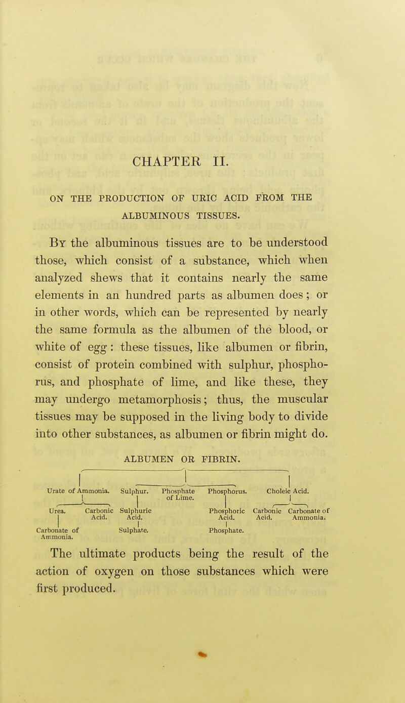 CHAPTER II. ON THE PRODUCTION OF URIC ACID FROM THE ALBUMINOUS TISSUES. By the albuminous tissues are to be understood those, which consist of a substance, which when analyzed shews that it contains nearly the same elements in an hundred parts as albumen does; or in other words, which can be represented by nearly the same formula as the albumen of the blood, or white of egg: these tissues, like albumen or fibrin, consist of protein combined with sulphur, phospho- rus, and phosphate of lime, and like these, they may undergo metamorphosis; thus, the muscular tissues may be supposed in the living body to divide into other substances, as albumen or fibrin might do. ALBUMEN OR FIBRIN. Urate of Ammonia. Sulphur. Phosphate Phosphorus. Choleic Acid. I I of Lime. | | Urea. Carbonic Sulphuric Phosjjhoric Carbonic Carbonate of IAcid. Acid. Acid. Acid. Ammonia. 1 I Carbonate of Sulphate. Phosphate. Ammonia. The ultimate products being the result of the action of oxygen on those substances which were first produced.