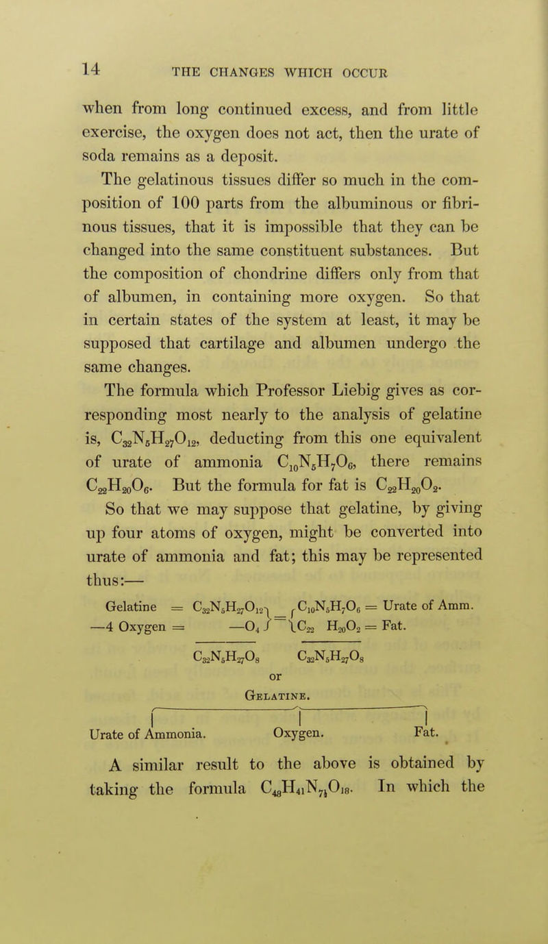 when from long continued excess, and from little exercise, the oxygen does not act, then the urate of soda remains as a deposit. The gelatinous tissues differ so much in the com- position of 100 parts from the albuminous or fibri- nous tissues, that it is impossible that they can be changed into the same constituent substances. But the composition of chondrine differs only from that of albumen, in containing more oxygen. So that in certain states of the system at least, it may be supposed that cartilage and albumen undergo the same changes. The formula which Professor Liebig gives as cor- responding most nearly to the analysis of gelatine is, C32N5H27O12, deducting from this one equivalent of urate of ammonia CjoNgHyOc, there remains CaaHaoOg. But the formula for fat is C^zUckiOs. So that we may suppose that gelatine, by giving up four atoms of oxygen, might be converted into urate of ammonia and fat; this may be represented thus:— Gelatine = C32N5H270iq _ j-CioNsH^Og == Urate of Amm. —4 Oxygen = —O4 f^XC^^ H20O2 = Fat. or Gelatine. I 'i i Urate of Ammonia. Oxygen. Fat. A similar result to the above is obtained by taking the formula C48H4iN7jO)8. In which the
