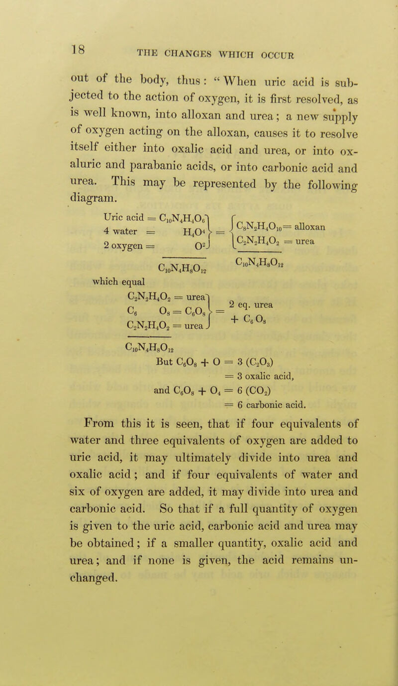 out of the body, thus:  When uric acid is sub- jected to the action of oxygen, it is first resolved, as is well known, into alloxan and urea; a new supply of oxygen acting on the alloxan, causes it to resolve itself either into oxalic acid and urea, or into ox- aluric and parabanic acids, or into carbonic acid and urea. This may be represented by the following diagram. Uric acid = CioN^H^Oel xt xr 4 water = jj.O^ = V 2 oxygen = OJ [WiA = urea C,oN,H80,2 C,oN,H80,2 which equal C2N2H4O0 = urea~i C2N2HA = ureaJ C,„N,H80.2 But CeOa 4-0 = 3 (C2O3) = 3 oxalic acid, and CfiOg + O, = 6 (COo) = 6 carbonic acid. From this it is seen, that if four equivalents of water and three equivalents of oxygen are added to uric acid, it may ultimately divide into urea and oxalic acid ; and if four equivalents of water and six of oxygen are added, it may divide into urea and carbonic acid. So that if a full quantity of oxygen is given to the uric acid, carbonic acid and urea may be obtained; if a smaller quantity, oxalic acid and urea; and if none is given, the acid remains un- changed.