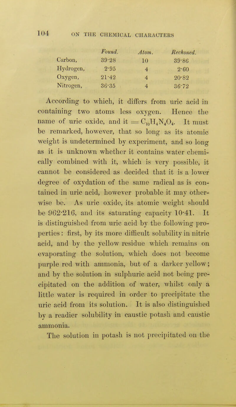 Found. Atom. Reckoned. Carbon, 39-28 10 39-86 Hydrogen, 2-93 4 2-60 Oxygen, 21-42 4 20-82 Nitrogen, 36-35 4 36-72 According to which, it difFers from uric acid in containing two atoms less oxygen. Hence the name of uric oxide, and it = C,oTl4N404. It must be remarked, however, that so long as its atomic weight is undetermined by experiment, and so long as it is unknown whether it contains water chemi- cally combined with it, which is very possible, it cannot be considered as decided that it is a lower degree of oxydation of the same radical as is con- tained in uric acid, however probable it may otlier- wise be. As uric oxide, its atomic weight should be 962*216, and its saturating capacity 10-41. It is distinguished from uric acid by the following pro- perties : first, by its more difficult solubility in nitric acid, and by the yellow residue which remains on evaporating the solution, which does not become purple red with ammonia, but of a darker yellow; and by the solution in sulphuric acid not being pre- cipitated on the addition of water, whilst only a little water is required in order to precipitate the uric acid from its solution. It is also distinguished by a readier solubility in caustic potash and caustic ammonia. The solution in potash is not precipitated on the