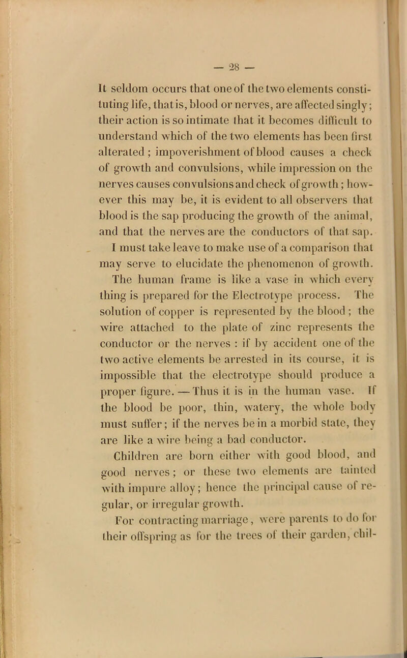 It seldom occurs that one of the two elements consti- tuting life, that is, blood or nerves, are affected singly; their action is so intimate lhat it becomes difficult to understand which of the two elements has been first alteraled ; impoverishment of blood causes a check of growth and convulsions, while impression on the nerves causes convulsions and check of growth; how- ever this may be, it is evident to all observers that blood is the sap producing the growth of the animal, and that the nerves are the conductors of lhat sap. I must take leave to make use of a comparison that may serve to elucidate the phenomenon of growth. The human frame is like a vase in which every thing is prepared for the Electrotype process. The solution of copper is represented by the blood ; the wire attached to the plate of zinc represents the conductor or the nerves : if by accident one of the two active elements be arrested in its course, it is impossible that the electrotype should produce a proper figure.—Thus it is in the human vase. If the blood be poor, thin, watery, the whole body must suffer; if the nerves be in a morbid state, they are like a wire being a bad conductor. Children are born either with good blood, and good nerves; or these two elements arc tainted with impure alloy; hence the principal cause of re- gular, or irregular growth. For contracting marriage, were parents to do for their offspring as for the trees of their garden, ehil-