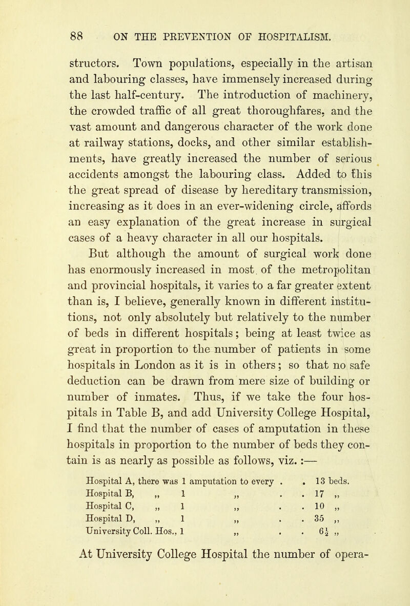 structors. Town populations, especially in the artisan and labouring classes, have immensely increased during the last half-century. The introduction of machinery, the crowded traffic of all great thoroughfares, and the vast amount and dangerous character of the work done at railway stations, docks, and other similar establish- ments, have greatly increased the number of serious accidents amongst the labouring class. Added to this the great spread of disease by hereditary transmission, increasing as it does in an ever-widening circle, affords an easy explanation of the great increase in surgical cases of a heavy character in all our hospitals. But although the amount of surgical work done has enormously increased in most, of the metropolitan and provincial hospitals, it varies to a far greater extent than is, I believe, generally known in different institu- tions, not only absolutely but relatively to the number of beds in different hospitals; being at least twice as great in proportion to the number of patients in some hospitals in London as it is in others; so that no safe deduction can be drawn from mere size of building or number of inmates. Thus, if we take the four hos- pitals in Table B, and add University College Hospital, I find that the number of cases of amputation in these hospitals in proportion to the number of beds they con- tain is as nearly as possible as follows, viz. Hospital A, there was 1 amputation to every Hospital B, „ 1 Hospital C, „ 1 „ Hospital D, „ 1 University Coll. Hos., 1 „ 13 beds. 17 „ 10 „ 35 „ 6h „ At University College Hospital the number of opera-