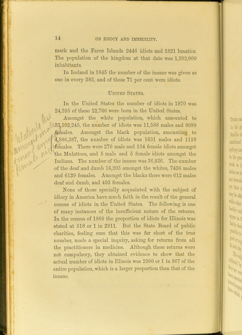 mark and tlie Faroe Islands 2446 idiots and 1821 lunatics. The population of the kingdom at that date was 1,392,000 inhabitants. In Iceland in 1845 the number of the insane was given as one in every 385, and of these 71 per cent were idiots. United States. In the United States the number of idiots in 1870 was 24,395 of these 22,766 were horn in the United States. Amongst the white population, which amounted to 33,592,245, the number of idiots was 11,588 males and 8099 ^females. Amongst the black population, amounting to 4,886,387, the number of idiots was 1631 males and 1110 females. There were 270 male and 154 female idiots amongst the Mulattoes, and 5 male and 5 female idiots amongst the Indians. The number of the insane was 36,836. The number of the deaf and dumb 16,205 amongst the whites, 7436 males and 6139 females. Amongst the blacks there were 612 males deaf and dumb, and 493 females. None of those specially acquainted with the subject of idiocy in America have much faith in the result of the general census of idiots in the United States. The following is one of many instances of the insufficient nature of the returns. In the census of 1860 the proportion of idiots for Illinois was stated at 518 or 1 in 2911. But the State Board of public charities, feeling sure that this was far short of the true number, made a special inquiry,.asking for returns from all the practitioners in medicine. Although these returns were not compulsory, they obtained evidence to show that the actual number of idiots in Illinois was 2900 or 1 in 867 of the entire population, which is a larger proportion than that of the insane.