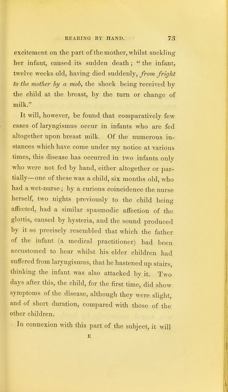 excitement on the part of the mother, whilst suckling her infant, caused its sudden death;  the infant, twelve weeks old, having died suddenly, from fright to the mother by a mob, the shock being received by the child at the breast, by the turn or change of milk. It will, however, be found that comparatively few cases of laryngismus occur in infants who are fed altogether upon breast milk. Of the numerous in- stances which have come under my notice at various times, this disease has occurred in two infants only who were not fed by hand, either altogether or par- tially—one of these was a child, six months old, who had a wet-nurse ; by a curious coincidence the nurse herself, two nights previously to the child being affected, had a similar spasmodic affection of the glottis, caused by hysteria, and the sound produced by it so precisely resembled that which the father of the infant (a medical practitioner) had been accustomed to hear whilst his elder children had suffered from laryngismus, that he hastened up stairs, thinking the infant was also attacked by it. Two days after this, the child, for the first time, did show symptoms of the disease, although they were slight, and of short duration, compared with those of the other children. In connexion with this part of the subject, it will E