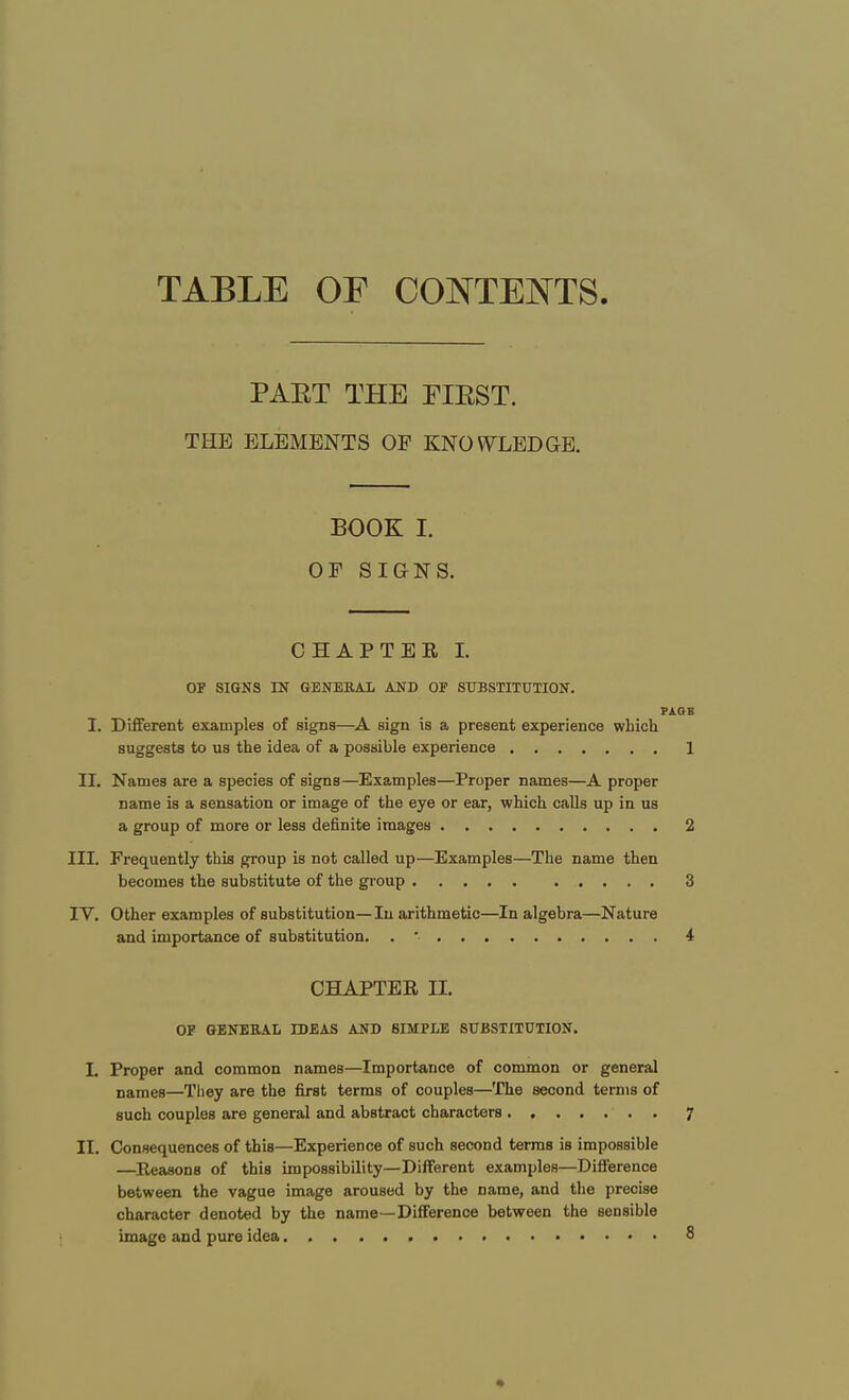 TABLE OF CONTENTS PAET THE FIKST. THE ELEMENTS OP KNOWLEDGE. BOOK I. OF SIGNS. CHAPTEE I. OF SIGNS IN GENERAL AND OF SUBSTITUTION. PAGE I. Different examples of signs—A sign is a present experience which suggests to us the idea of a possible experience 1 II. Names are a species of signs—Examples—Proper names—A proper name is a sensation or image of the eye or ear, which calls up in us a group of more or less definite images 2 III. Frequently this group is not called up—Examples—The name then becomes the substitute of the group 3 IV. Other examples of substitution—In arithmetic—In algebra—Nature and importance of substitution. . ' 4 CHAPTER II. OF GENERAL IDEAS AND 6IMPLE SUBSTITUTION. L Proper and common names—Importance of common or general names—They are the first terms of couples—The second terms of such couples are general and abstract characters 7 II. Consequences of this—Experience of such second terms is impossible —Keasona of this impossibility—Different examples—Difference between the vague image aroused by the name, and the precise character denoted by the name—Difference between the sensible image and pure idea 8