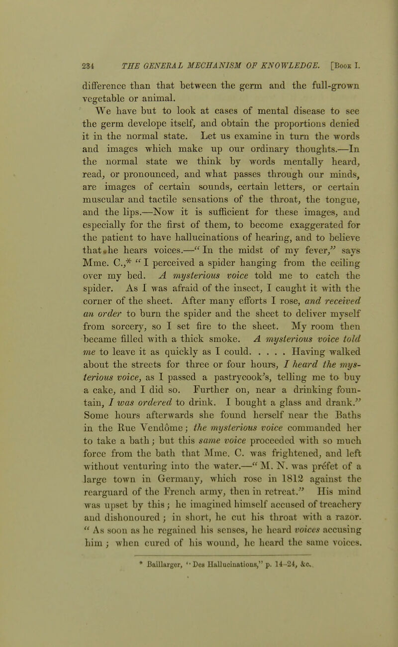 difference than that between the germ and the full-grown vegetable or animal. We have but to look at cases of mental disease to see the germ develope itself, and obtain the proportions denied it in the normal state. Let us examine in turn the words and images which make up our ordinary thoughts.—In the normal state we think by words mentally heard, read, or pronounced, and what passes through our minds, are images of certain sounds, certain letters, or certain muscular and tactile sensations of the throat, the tongue, and the lips.—Now it is sufficient for these images, and especially for the first of them, to become exaggerated for the patient to have hallucinations of hearing, and to believe that*he hears voices.—In the midst of my fever, says Mme. Cv*  I perceived a spider hanging from the ceiling over my bed. A mysterious voice told me to catch the spider. As I was afraid of the insect, I caught it with the corner of the sheet. After many efforts I rose, and received an order to burn the spider and the sheet to deliver myself from sorcery, so I set fire to the sheet. My room then became filled with a thick smoke. A mysterious voice told me to leave it as quickly as I could Having walked about the streets for three or four hours, / heard the mys- terious voice, as I passed a pastrycook's, telling me to buy a cake, and I did so. Further on, near a drinking foun- tain, / was ordered to drink. I bought a glass and drank. Some hours afterwards she found herself near the Baths in the Rue Vendome; the mysterious voice commanded her to take a bath; but this same voice proceeded with so much force from the bath that Mme. C. was frightened, and left without venturing into the water.— M. N. was prefet of a large town in Germany, which rose in 1812 against the rearguard of the French army, then in retreat/' His mind was upset by this; he imagined himself accused of treachery aud dishonoured; in short, he cut his throat with a razor.  As soon as he regained his senses, he heard voices accusing him ; when cured of his wound, he heard the same voices. * Baillarger, 'Des Hallucinations, p. 14-24, &<v