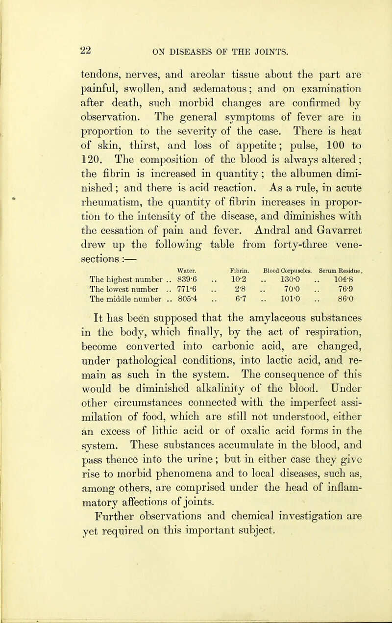 tendons, nerves, and areolar tissue about the part are painful, swollen, and sedematous; and on examination after death, such morbid changes are confirmed by observation. The general symptoms of fever are in proportion to the severity of the case. There is heat of skin, thirst, and loss of appetite; pulse, 100 to 120. The composition of the blood is always altered; the fibrin is increased in quantity; the albumen dimi- nished ; and there is acid reaction. As a rule, in acute rheumatism, the quantity of fibrin increases in propor- tion to the intensity of the disease, and diminishes with the cessation of pain and fever. Andral and Gavarret drew up the following table from forty-three vene- sections :— Water. Fibrin. Blood Corpuscles. Serum Residue. The highest number .. 839-6 .. 10-2 .. 130-0 .. 104-8 The lowest number .. 771-6 .. 2-8 .. 70-0 .. 76-9 The middle number .. 805-4 .. 6-7 .. 101-0 .. 86-0 It has been supposed that the amylaceous substances in the body, which finally, by the act of respiration, become converted into carbonic acid, are changed, under pathological conditions, into lactic acid, and re- main as such in the system. The consequence of this would be diminished alkalinity of the blood. Under other circumstances connected with the imperfect assi- milation of food, which are still not understood, either an excess of lithic acid or of oxalic acid forms in the system. These substances accumulate in the blood, and pass thence into the urine; but in either case they give rise to morbid phenomena and to local diseases, such as, among others, are comprised under the head of inflam- matory affections of joints. Further observations and chemical investigation are yet required on this important subject.