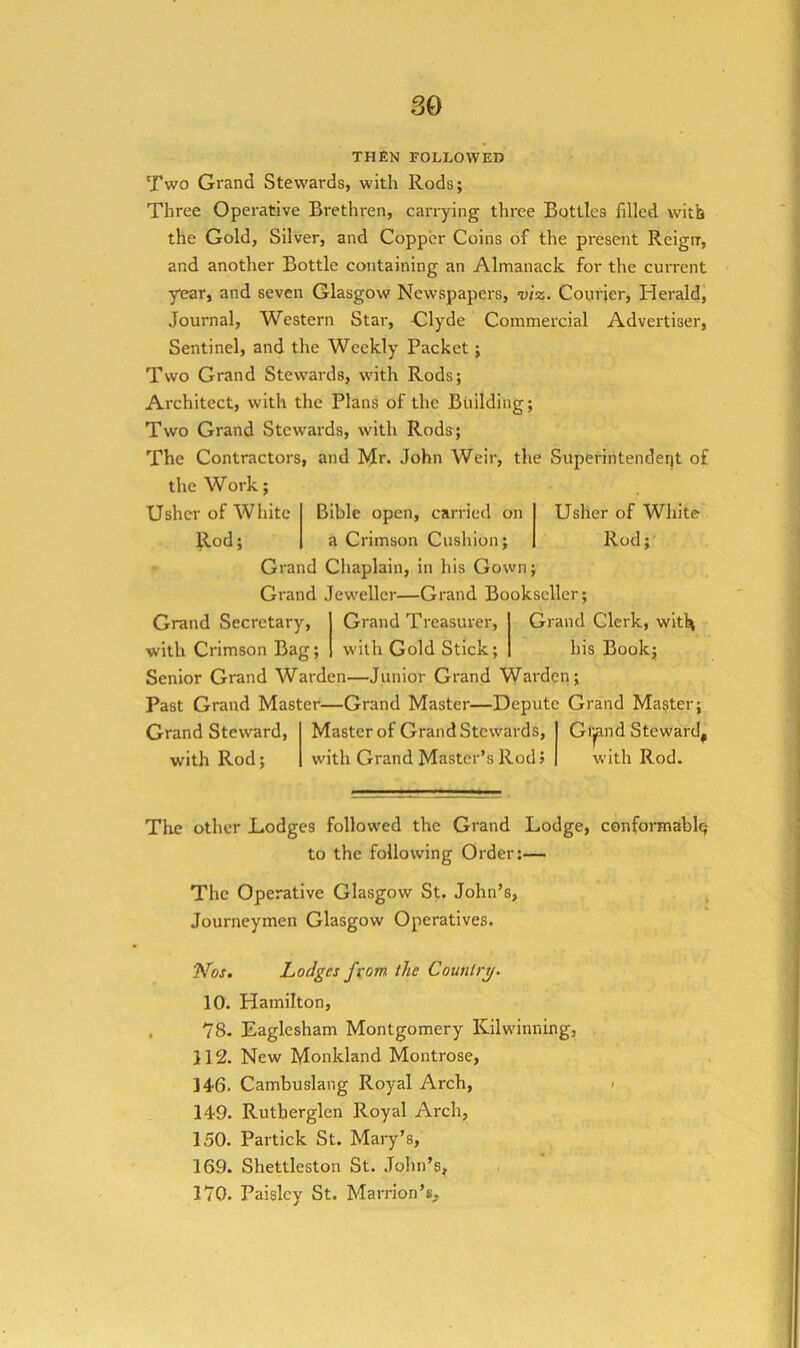 THEN FOLLOWED Two Grand Stewards, with Rods; Three Operative Brethren, carrying three Bottles filled with the Gold, Silver, and Copper Coins of the present Reignr, and another Bottle containing an Almanack for the current •year, and seven Glasgow Newspapers, viz. Courier, Herald, Journal, Western Star, Clyde Commercial Advertiser, Sentinel, and the Weekly Packet; Two Grand Stewards, with Rods; Architect, with the Plans of the Building; Two Grand Stewards, with Rods; The Contractors, and Mr. John Weir, the Superintendent of the Work; Usher of White Rod; Bible open, carried on a Crimson Cushion; 1 Grand Chaplain, in his Gown; Grand Jeweller—Grand Bookseller; Usher of White Rod; Grand Secretary, with Crimson Bag; Grand Clerk, witl^ his Book; Grand Treasurer, with Gold Stick; Senior Grand Warden—Junior Grand Wai'dcn; Past Grand Master—Grand Master—Depute Grand Master; Grand Steward, with Rod; Master of Grand Stewards, with Grand Master’s Rod J Gipnd Steward, with Rod. The other Lodges followed the Grand Lodge, conformably to the following Order;— The Operative Glasgow St. John’s, Journeymen Glasgow Operatives. jVoj. Lodges from the Country. 10. Hamilton, , 78. Eaglesham Montgomery Kilwinning, 112. New Monkland Montrose, liG. Cambuslang Royal Arch, < 149. Rutberglen Royal Arch, 150. Partick St. Mary’s, 169. Shettleston St. John’s^ 170. Paisley St. Marrion’s^