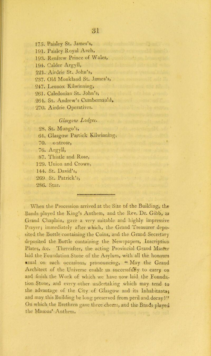 175. Paisley St. James’s, 191. Paisky Royal Arch, 193. Renfrew Prince of Wales, 19‘f. Calder Argyll, ‘221. Airdrie St. John’s, 237. Old Monkland St. James’s, 247. Lennox Kilwinning, 261. Caledonian St. John’s, 264. St. Andrew’s Cumbernauld, 270. Airdrie Operatives. Glasgow Lodges. 28. St. Mungo’s, 64. Glasgow Partick Kilwinning, 70. ontrose, 76. Argyll, 87. Thistle and Rose, 129. Union and Crown, 144. St. David’s, 269 St. Patrick’s, 286. Star. When the Procession arrived at the Site of the Building, the Bands played the King’s Anthem, and the Rev. Dr. Gibb, as Grand Chaplain, gave a very suitable and highly impressive Prayer; immediately after which, the Grand Treasurer depo- sited the Bottle containing the Coins, and the Grand Secretary deposited the Bottle containing the Newspapers, Inscription Plates, &c. Thereafter, the acting Provincial Grand Master laid the Foundation Stone of the Asylum, with all the honours ■sual on such occasions, pronouncing, “ May the Grand Architect of the Universe enable us successfuKy to carry on and finish the Work of which we have now laid tlie Founda- tion Stone, and every other undertaking which may tend to the advantage of the City of Glasgow and its Inhabitants; and may this Building be long preserved from peril and decay!” On which the Brethren gave three cheers, and the Bauds played the Masons’ Anthem.