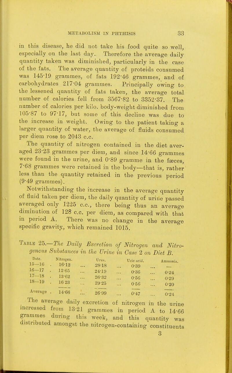 in this disease, he did not take his food quite so well, especially on the last day. Therefore the average daily quantity taken was diminished, particularly in the case of the fats. The average quantity of proteids consumed was 145-19 grammes, of fats 192-46 grammes, and of carbohydrates 217-04 grammes. Principally owing to the lessened quantity of fats taken, the average total number of calories fell from 3567-82 to 3352-37. The number of calories per kilo, body-weight diminished from 105-87 to 97-17, but some of this decline was due to the increase in weight. Owing to the patient taking a larger quantity of water, the average of fluids consumed per diem rose to 2043 c.c. The quantity of nitrogen contained in the diet aver- aged 28-23 grammes per diem, and since 14-66 grammes were found in the urine, and 0-89 gramme in the f^ces, 7-68 grammes were retained in the body—that is, rather less than the quantity retained in the previous period (9-49 grammes). Notwithstanding the increase in the average quantity of fluid taken per diem, the daily quantity of urine passed averaged only 1225 c.c, there being thus an average diminution of 128 c.c. per diem, as compared with that in period A. There was no change in the average specific gravity, which remained 1015. Table 25.—The Daily Emtion of Nitrogen and Nitro- genous Substances in the Urine in Case 2 on Diet B. Dnte. 15— 16 16— 17 17— 18 18— 19 Average The average daily excretion of nitrogen in the urine increased from 13-21 grammes in period A to 14-66 grammes during this week, and this quantity was distributed amongst the nitrogen-containing constituents 3 Nitrogen. Urcri. Uric Hcid. Ammoniii. 16-12 28-18 0-39 12-65 24-10 0-36 0-24 13-62 26-32 0-56 0-29 16 23 2y-25 0-56 0-20 14-66 2699 0-47 0-24