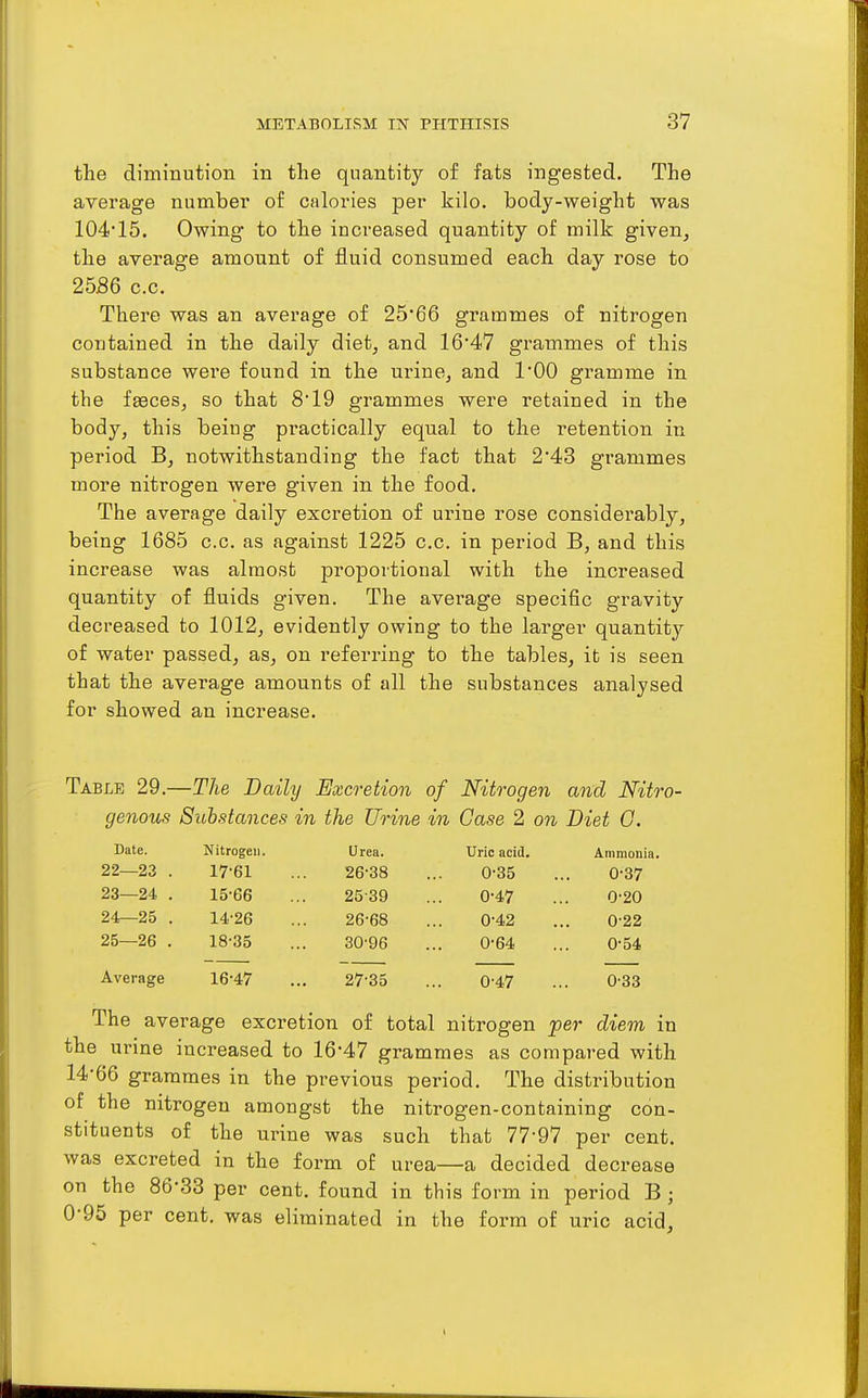 the diminution in the quantity of fats ingested. The average numbei* of calories per kilo, body-weight was 10415. Owing to the increased quantity of milk given, the average amount of fluid consumed each day rose to 25S6 c.c. There was an average of 25*66 grammes of nitrogen contained in the daily diet, and 1647 grammes of this substance were found in the urine, and 100 gramme in the faeces, so that 8*19 grammes were retained in the body, this being practically equal to the retention in period B, notwithstanding the fact that 248 grammes more nitrogen were given in the food. The average daily excretion of urine rose considerably, being 1685 c.c. as against 1225 c.c. in period B, and this increase was almost proportional with the increased quantity of fluids given. The average specific gravity decreased to 1012, evidently owing to the larger quantity of water passed, as, on referring to the tables, it is seen that the average amounts of all the substances analysed for showed an increase. Table 29.—The Daily Excretion of Nitrogen and Nitro- genous Substances in the Urine in Case 2 on Diet G. Date. Nitrogen. Urea. Uric acid. Ammonia. 22—23 . 17-61 26-38 0-35 0-37 23—24 . 15-66 25-39 0-47 0-20 24—25 . 14-26 26-68 0-42 0-22 25—26 . 18-35 30-96 0-64 0-54 Average 16-47 27-35 0-47 0-33 The average excretion of total nitrogen per diem in the urine increased to 16-47 grammes as compared with 14-66 grammes in the previous period. The distribution of the nitrogen amongst the nitrogen-containing con- stituents of the urine was such that 77-97 per cent, was excreted in the form of urea—a decided decrease on the 86-33 per cent, found in this form in period B ; 0-95 per cent, was eliminated in the form of uric acid.