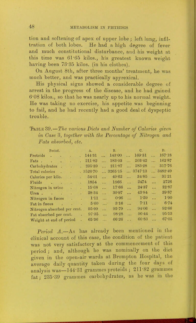 tion and softening of apex of upi^er lobe; left lung, infil- tration of both lobes. He had a high degree of fever and much constitutional disturbance, and his weight at this time was 61 65 kilos., his greatest known weight having been 73'35 kilos, (in his clothes). On August 8th, after three months' treatment, he was much better, and was practically apyrexical. His physical signs showed a considerable degree of arrest in the progi'ess of the disease, and he had gained 6'08 kilos., so that he was nearly up to his normal weight. He was taking no exercise, his appetite was beginning to fail, and he had recently had a good deal of dyspeptic trouble. T*ABLE 39.—The various Diets and Number of Calories given in Case 3, together with the Percentage of Nitrogen and Fats absorbed, etc. Period. A. B. c. D. Protcids . . . . 144-31 . . 143-00 . . 169-31 . .. 167-18 Fats 211-82 . .. 183-03 . .. 203-42 . .. 162-87 Carbohydrates . 235-39 . .. 211-87 . .. 283-28 . .. 317-76 Total calories ;j 526-70 . .. 3265-15 . .. 3747-13 . .. 3482-49 Calories per kilo. 54.-01 . .. 49-62 . .. 34-85 . .. 31-21 Fluids 1854 . .. 1966 2474 . 2726 Nitrogen in urine 15-68 . .. 17-66 .. 24-37 .. 22-87 Urea .... 28-34 . .. 30-97 . 43-84 . .. 39-87 Nitrogen in fjBces 1-11 0-96 1-59 1-90 Fat in faeces 5-60 3-16 7-11 6-74 Nitrogen absorbed per cent . 95-09 . .. 95-79 .. 94-06 . 92-66 Fat absorbed per cent. . 97-35 98-28 96-44 95-53 Weight at end of period . 65-36 66-26 . 66-83 .. 6705 Period A.—As has already been mentioned in the clinical account of this case, the condition of the patient was not very satisfactory at the commencement of this period ; and, although he was nominally on the diet given in the open-air wards at Brompton Hospital, the average daily quantity taken during the four days of analysis was—144-31 grammes proteids ; 211-82 grammes fat; 235-39 grammes carbohydrates, as he was in the
