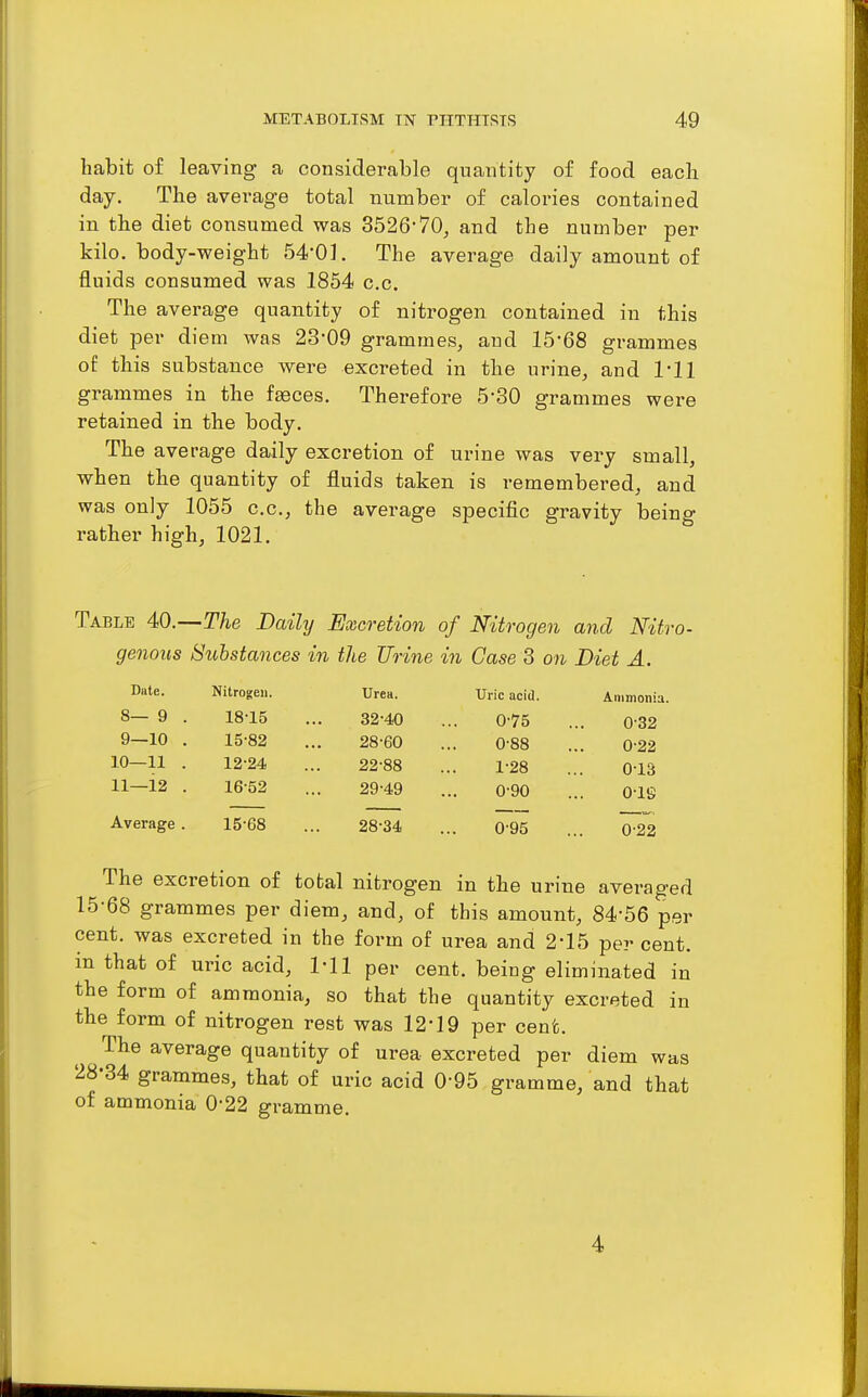 habit of leaving a considerable quantity of food each day. The avei*age total number of calories contained in the diet consumed was 3526*70, and the number per kilo, body-weight 54-0]. The average daily amount of fluids consumed was 1854 c.c. The average quantity of nitrogen contained in this diet per diem was 23-09 grammes, aud 15-68 grammes of this substance were excreted in the urine, and Ml grammes in the fgeces. Therefore 5-30 grammes were retained in the body. The average daily excretion of urine was very small, when the quantity of fluids taken is remembei-ed, and was only 1055 c.c, the average specific gravity being rather high, 1021. Table 40.—The Daily Excretion of Nitrogen and Nitvo- genous Substances in the Urine in Case 3 on Diet A. Date. Nitrogen. Urea. Uric acid. Animoni 8— 9 . 18-15 32-40 0-75 0-32 9—10 . 15-82 28-60 0-88 0-22 10—11 . 12-24 22-88 1-28 0-13 11—12 . 16-52 29-49 0-90 Olg Average . 15-68 28-34 0-95 0-22 The excretion of total nitrogen in the urine averaged 15-68 grammes per diem, and, of this amount, 84-56 per cent, was excreted in the form of urea and 2-15 per cent, in that of uric acid. Ml per cent, being eliminated in the form of ammonia, so that the quantity excreted in the form of nitrogen rest was 12*19 per cent. The average quantity of urea excreted per diem was 28-34 grammes, that of uric acid 0-95 gramme, and that of ammonia 0-22 gramme. 4