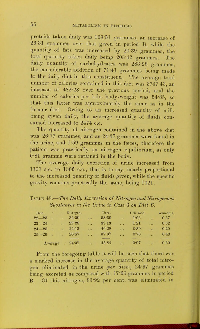 proteids taken daily was 169-31 grammes, an increase of 26-31 grammes over that given in period while the quantity of fats was increased by 20-39 grammes, the total quantity taken daily being 208-42 grammes. The daily quantity of carbohydrates was 283-28 grammes, the considerable addition of 71*41 grammes being made to the daily diet in this constituent. The average total number of calories contained in this diet was 3747-43, an increase of 482*28 over the previous period, and the number of calories per kilo, body-weight was 54-85, so that this latter was approximately the same as in the former diet. Owing to an increased quantity of milk being given daily, the averaige quantity of fluids con- sumed increased to 2474 c.c. The quantity of nitrogen contained in the above diet was 26-77 grammes, and as 24-37 grammes were found in the urine, and 1*59 grammes in the faeces, therefore the patient was px'actically on nitrogen equilibrium, as only 0-81 gramme were retained in the body. The average daily excretion of ui'ine increased from 1101 c.c. to 1506 c.c, that is to say, neaily proportional to the increased quantity of fluids given, while the specific gravity remains practically the same, being 1021. Table 48.—The Daily Excretion of Nitrogen and Nitrogenous Substances in the Urine in Case 8 on Diet C. Date. = Nitrogen. Urea. Uric Acid. Ammonia. 22—23 . 32-39 58-59 1-03 0-37 23—24 . 22-28 3913 1-21 0-52 24—25 . 22-13 40-28 0-89 0-29 25—26 . 20-67 37-37 0-76 0-40 Average . 24-37 43-84 0-97 0-39 From the foregoing table it will be seen that there was a marked increase in the average quantity of total nitro- gen eliminated in the urine per diem, 24-37 grammes being excreted as compared with 17-66 grammes in period B. Of this nitrogen, 83-92 per cent, was eliminated in