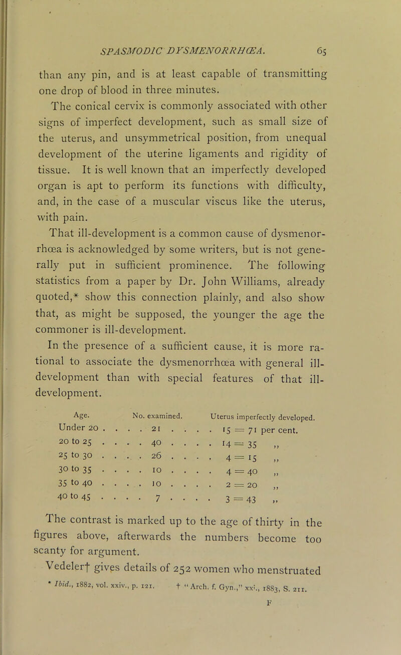 than any pin, and is at least capable of transmitting one drop of blood in three minutes. The conical cervix is commonly associated with other signs of imperfect development, such as small size of the uterus, and unsymmetrical position, from unequal development of the uterine ligaments and rigidity of tissue. It is well known that an imperfectly developed organ is apt to perform its functions with difficulty, and, in the case of a muscular viscus like the uterus, with pain. That ill-development is a common cause of dysmenor- rhcea is acknowledged by some writers, but is not gene- rally put in sufficient prominence. The following statistics from a paper by Dr. John Williams, already quoted,* show this connection plainly, and also show that, as might be supposed, the younger the age the commoner is ill-development. In the presence of a sufficient cause, it is more ra- tional to associate the dysmenorrhcea with general ill- development than with special features of that ill- development. Age. No. examined. Uterus imperfectly developed. Under 20 . . . . 21 . . • • • 5 = 71 per cent. 20 to 25 . ... 40 . . . . 14 = 35 25 to 30 . . . . 26 . . • • 4=15 30 to 35 . . . . 10 . . O II 35 to 40 . • . . 10 . . . . 2 = 20 „ 40 to 45 . ... 7 • • • • 3 = 43 The contrast is marked up to the age of thirty in the figures above, afterwards the numbers become too scanty for argument. Vedelerf gives details of 252 women who menstruated * n>id., 1882, vol. xxiv., p. 121. t “ Arch. f. Gyn.,” xxh, 1883, S. 211.