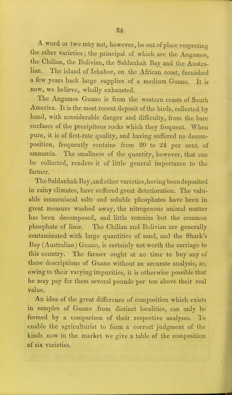 A word or two mUy not, however, be out of place respecting the other varieties; the principal of which are the Angamos, the Chilian, the Bolivian, the Saldanhah Bay and the Austra- lian. The island of Ichaboe, on the African coast, furnished a few years back large supplies of a medium Guano. It is now, we believe, wholly exhausted. The Angamos Guano is from the western coasts of South America. It is the most recent deposit of the birds, collected by hand, with considerable danger and difficulty, from the bare surfaces of the precipitous rocks which they frequent. When pure, it is of first-rate quality, and having suffered no decom- position, frequently contains from 20 to 24 per cent, of ammonia. The smallness of the quantity, however, that can be collected, renders it of little general importance to the farmer. The Saldanhah Bay, and other varieties,having been deposited in rainy climates, have suffered great deterioration. The valu- able ammoniacal salts and soluble phosphates have been in great measure washed away, the nitrogenous animal matter has been decomposed, and little remains but the common phosphate of lime. The Chilian and Bolivian are generally contaminated with large quantities of sand, and the Shark's Bay (Australian) Guano, is certainly not worth the carriage to this country. The farmer ought at no time to buy any of these descriptions of Guano without an accurate analysis, as, owing to their varying impurities, it is otherwise possible that he may pay for them several pounds per ton above their real value. An idea of the great difference of composition which exists in samples of Guano from distinct localities, can only be formed by a comparison of their respective analyses. To enable the agriculturist to form a correct judgment of the kinds now in the market we give a table of the comi)osition of six varieties.