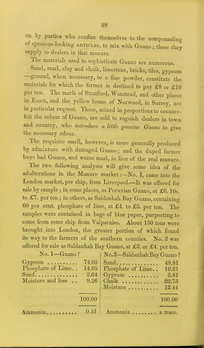 on by parties who confine themselves to the compounding of specious-looking articles, to mix with Guano; these they supply to dealers in that manure. The materials used to sophisticate Guano are numerous. Sand, marl, clay and chalk, limestone, bricks, tHes, gypsum —ground, when necessary, to a fine powder, constitute the materials for which the farmer is destined to pay £8 or £10 per ton. The marls of Stratford, Wanstead, and other places in Essex, and the yeUow loams of Norwood, in Surrey, are in particular request. These, mixed in proportions to counter- feit the colour of Guano, are sold to roguish dealers in town and country, who introduce a little genuine Guano to give the necessary odour. The requisite smell, however, is more generally produced by admixture with damaged Guano; and the duped farmer buys bad Guano, and worse marl, in lieu of the real manure. The two following analyses will give some idea of the adulterations in the Manure market:—No. I, came into the London market, per ship, from Liverpool.—It was offered for sale by sample; in some places, as Peruvian Guano, at £6.10s. to £7. per ton; in others, as Saldanhah Bay Guano, containing 60 per cent, phosphate of lime, at £4, to £5. per ton. The samples were contained in bags of blue paper, purporting to come from some ship from Valparaiso. About 150 tons were brought into London, the greater portion of which found its way to the farmers of the southern counties. No. 2 was offered for sale as Saldanhah Bay Guano, at £3. or £4. per ton. No. 1—Guano ? Gypsum 74.05 Phosphate of Lime. . 14.05 Sand 2.64 Moisture and loss .. 9.26 100.00 No.2—Saldanhah Bay Guano ? Sand 48.81 Phosphate of Lime.. 10.21 Gypsum 5.81 Chalk 22.73 Moisture 12.44 100.00 Ammonia 0.511 Ammonia a tr race.