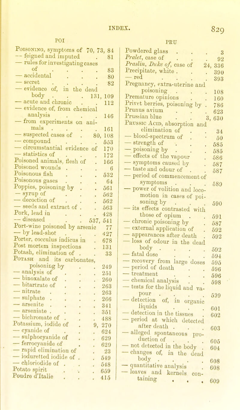 POI Poisoning, symptoms of 70, 73 — feigned and imputed — rules for investigatingcases of .... — accidental — secret .... — evidence of, in the dead body . . . 131, — acute and chronic — evidence of, from chemical analysis — from experiments on ani- mals .... — suspected cases of . 80, — compound — circumstantial evidence of — statistics of . . . Poisoned animals, flesh of Poisoned wounds . Poisonous fish Poisonous gases Poppies, poisoning by . — syrup of ... — decoction of . . . — seeds and extract of . Pork, lead in ... — diseased . . 537 Port-wine poisoned by arsenic — by lead-shot Porter, coeculus indicus in Post mortem inspections Potash, elimination of . Potash and its carbonates, poisoning by . . 249 — analysis of . . . 2.51 — binoxalate of . . . 2G0 — bitartrate of . . . 263 — nitrate . . . .263 — sulphate . . . .266 — arsenite . . , .341 — arseninto .... 3,51 — bichromate of . . . 433 Potassium, iodido of . 9, 270 — cyanide of . . . 624 — sulphocyanide of . . 629 — ferrocyanide of . . 629 — rapid elimination of . 23 — ioduretted iodide of . . 549 — chloriodide of . . . 648 Potato spirit . . . g.39 Poudre d'ltalio , . .415 84 81 83 80 82 109 112 146 161 108 653 170 172 166 6 532 64 561 662 562 663 428 641 77 427 678 131 33 PRU Powdered glass Pralet, case of . . . Praslin, Buke of, case of 24, Precipitate, white . — red ... Pregnancy, extra-uterine and poisoning Premature opinions Privet berries, poisoning by . Prunus avium Prussian blue 3 92 336 390 393 Prtjssic Acid, absorption and elimination of — blood-spectrum of . — strength of . . . — poisoning by . — effects of the vapour — symptoms caused by — taste and odour of — period of commencement of symptoms — power pf volition and loco- motion in cases of poi- soning by . . _ — its effects contrasted with those of opium — chronic poisoning by — external apphcation of — appearances after death . — loss of odour in the dead body . . . _ — fatal dose — recovery from large doses — period of death — treatment — chemical analysis — tests for the liquid and va- pour . . . _ — detection of, in organic liquids — detection in the tissues — period at which detected after death . — alleged spontaneous jwo- duction of . — not detected in the body '. — changes of, in the dead body . — quantitative analysis ] — loaves and kernels con- taining 108 160 786 623 3, 630 34 50 685 585 586 587 687 589 590 691 687 592 592 592 694 595 696 696 698 699 601 602 603 605 604 608 608 600