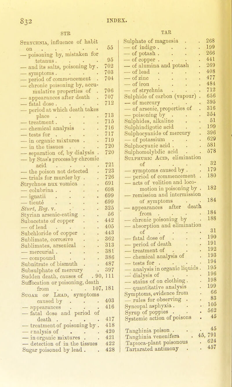 STK Strychnia, influence of haLit on . . • • • — poisoning by, mistaken for tetanus. . . • — and its salts, poisoning by . — symptoms .... — period of commencement . — chronic poisoning by, accu- mulative properties of . — appearances after death — fatal doso .... — period at which death takes place . — treatment. — chemical analysis — tests for . — in organic mixtures — in the tissues . — separation of, by dialysis . — by Stas's process by chromic acid .... — the poison not detected — trials for murder by Strychnos nux vomica — colubrina . — ignatii — tieute Sturt, Reg. v. Styrian arsenic-eating Subacetate of copper — of lead Subchloride of copper Sublimate, corrosive Sublimates, arsenical — mercurial . — compound Subnitrate of bismuth Subsulphate of mercury Sudden death, causes of . 90, Suffocation or poisoning, death from . . .107, SuGAB OF Lead, symptoms caused by . — .appearances — fatal dose and period of death .... — treatment of poisoning by . — Fnalysis of . . . — in organic mixtures . — detection of in the tissues Sugar poisoned by lead . 55 95 702 703 704 706 707 712 713 716 716 717 719 720 720 721 723 726 691 698 699 699 325 56 442 405 443 362 313 38 V 386 487 397 111 181 403 416 417 418 420 421 422 428 TAR Sulphate of magnesia . — of indigo . — of potash . — of copper . — of alumina and potash — of lead — of zinc — of iron — of strychnia Sulphide of carbon (vapour) — of mercury — of arsenic, properties of — poisoning by . Sulphides, alkaline Sulphindigotic acid Sulphocyanide of mercury — of potassium Sulphocyanic acid . Sulphoraolybdic acid Sulphuric Acid, elimination of . . . — symptoms caused by . — period of commencement — acts of volition and loco- motion in poisoning by — remission and intermission of symptoms — appearances after death from . — chronic poisoning by — absorption and elimination of . . • — fatal dose of — period of death — treatment of — chemical analysis of — tests for . . _ _ . _ — analysis in organic liquids —^ dialysis of — stains of on clothing . — quantitative analysis Symptoms, evidence from — rules for observing . Syncopal asphyxia. Syrup of poppies . _ . Systemic action of poisons Tanghinia poison . Tanghinia venenifera Tapioca-plant poisonous Tartarated antimony 45 45 , 791 624 457