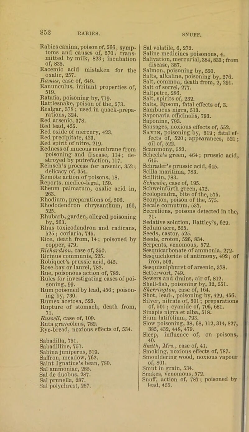 SNUFF. Rabies canina, poison of, 5GG, symp- toms ami causes of, 570; trans- mitted by milk, 823: incubation of, 835. Racemic acid mistaken for the oxalic, 257. Ramus, case of, 649. Ranunculus, irritant properties of, 519. Ratatia, poisoning- by, 719. Rattlesnake, poison of the, 573. Realgar, 378; used in quack-prepa- rations, 324. Red arsenic, 378. Red lead, 455. Red oxide of mercury, 423. Red precipitate, 423. Red spirit of nitre, 219. Redness of mucous membrane from poisoning and disease, 114; de- stroyed by putrefaction, 117. Reinsch’s process for arsenic, 352; delicacy of, 354. Remote action of poisons, 18. Reports, medico-legal, 15^ Rheum palmatum, oxalic acid in, 263. Rhodium, preparations of, 506. Rhododendron chrysanthum, 166, 525. Rhubarb, garden, alleged poisoning by, 263. Rhus toxicodendron and radicans, 525; coriaria, 745. Rice, death from, 14; poisoned by copper, 479. Richardson, case of, 350. Ricinus communis, 525. Robinuet’s prussic acid, 645. Rose-bay or laurel, 782. Rue, poisonous action of, 782. Rules for investigating cases of poi- soning, 99. Rum poisoned by lead, 456; poison- ing by, 730. Rumex acetosa, 523. Rupture of stomach, death from, 71. Russell, case of, 109. Ruta graveolens, 782. Rye-bread, no.xious effects of, 534. Sabadilla, 751. Sabadilline, 751. Sabina juniperus, 519. Saffron, meadow, 702. Saint Ignatius’s bean, 760. Sal ammoniac, 285. Sal do duobus, 287. Sal pninella, 287. Sal polychrest, 267. Sal volatile, 6, 272. Saline medicines poisonous, 4. Salivation, mercurial, 384,833; from disease, 387. Salmon, poisoning by, 550. Salts, alkaline, poisoning by, 276. Salt, common, death from, 2, 291. Salt of sorrel, 277. Saltpetre, 286. Salt, spirits of, 232. Salts, Epsom, fatal effects of, 3. Sambucus nigra, 513. Saponaria ofBcinalis, 793. Saponine, 793. Sausages, noxious effects of, 552. Savin, poisoning by, 519; fatal ef- fects of, 520; appearances, 521; oil of, 522. Scammony, 522. Scheele’s green, 464; prussic acid, 645. Schrader’s prussic acid, 645. Scilla maritima, 783. Scillitin, 783. Schwube, case of, 195. Schweinfurth green, 472. Scolopendra, bite of the, 575. Scorpion, poison of the, 575. Secale cornutum, 537. Secretions, poisons detected in the, 21. Sedative solution, Battley’s, 629. Sedum acre, 525. Seeds, castor, 525. Seeds, croton, 526, 834. Serpents, venomous, 572. Sesquicarbonate of ammonia, 272. Sesquichloride of antimony, 492; of iron, 503. Sesquisulphuret of arsenic, 378. Setterwort, 749. Sewers and drains, air of, 812. Shell-fish, poisoning by, 32, 551. Sherrington, case of, 164. Shot, lead-, poisoning by, 429, 456. Silver, nitrate of, 501; preparations of, 501 ; cyanide of, 706, 681. Sinapis nigra et alba, 518. Slum latifolium, 793. Slow poisoning, 38, 68, 112,314,827, 385, 432, 448, 479. Sleep, influence of, on poisons, 40. Smith, Mrs., case of, 41. Smoking, noxious effects of, 787. Smouldering wood, noxious vapour of, 801. Smut in grain, 534. Snakes, venomous, 572. Snuff, action of, 787; poisoned by lead, 455.