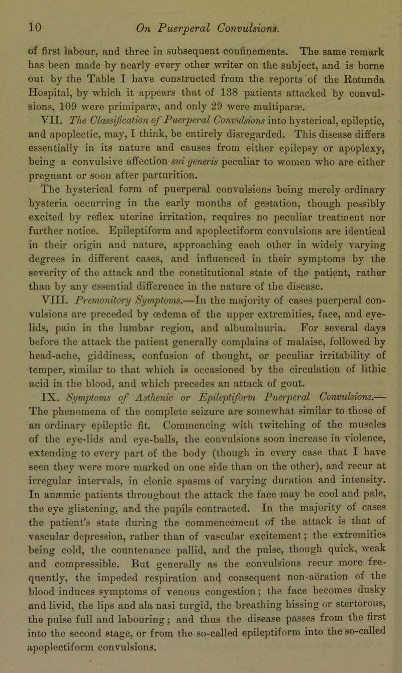 of first labour, and three in subsequent confinements. The same remark has been made by nearly every other writer on the subject, and is borne out by the Table I have constructed from the reports of the Rotunda Hospital, by which it appears that of 138 patients attacked by convul- sions, 109 were primiparae, and only 29 were multiparae. VII. The Classification of Puerperal Convulsions into hysterical, epileptic, and apoplectic, may, I think, be entirely disregarded. Tliis disease differs essentially in its nature and causes from either epilepsy or apoplexy, being a convulsive affection sui generis peculiar to women who are either pregnant or soon after parturition. The hysterical form of puerperal convulsions being merely ordinary hysteria occurring in the early months of gestation, though possibly excited by reflex uterine irritation, requires no peculiar treatment nor further notice. Epileptiform and apoplectiform convulsions are identical in their origin and nature, approaching each other in widely varying degrees in different cases, and influenced in their symptoms by the severity of the attack and the constitutional state of the patient, rather than by any essential difference in the nature of the disease. VIII. Premonitory Symptoms.—In the majority of cases puerperal con- vulsions are preceded by cedema of the upper extremities, face, and eye- lids, pain in the lumbar region, and albuminuria. For several days before the attack the patient generally complains of malaise, followed by head-ache, giddiness, confusion of thought, or peculiar irritability of temper, similar to that which is occasioned by the circulation of lithic acid in the blood, and which precedes an attack of gout. IX. Symptoms of Asthenic or Epileptiform Puerperal Convulsions.— The phenomena of the complete seizure are somewhat similar to those of an ordinary epileptic fit. Commencing with twitching of the muscles of the eye-lids and eye-balls, the convulsions soon increase in violence, extending to every part of the body (though in every case that I have seen they were more marked on one side than on the other), and recur at irregular intervals, in clonic spasms of varying duration and intensity. In antemic patients throughout the attack the face may be cool and pale, the eye glistening, and the pupils contracted. In the majority of cases the patient’s state during the commencement of the attack is that of vascular depression, rather than of vascular excitement; the extremities being cold, the countenance pallid, and the pulse, though quick, weak and compressible. But generally as the convulsions recur more fre- quently, the impeded respiration aii4 consequent non-aeration of the blood induces symptoms of venous congestion; the face becomes dusky and livid, the lips and ala nasi turgid, the breathing hissing or stertorous, the pulse full and labouring; and thus the disease passes from the first into the second stage, or from the so-called epileptiform into the so-called apoplectiform convulsions.