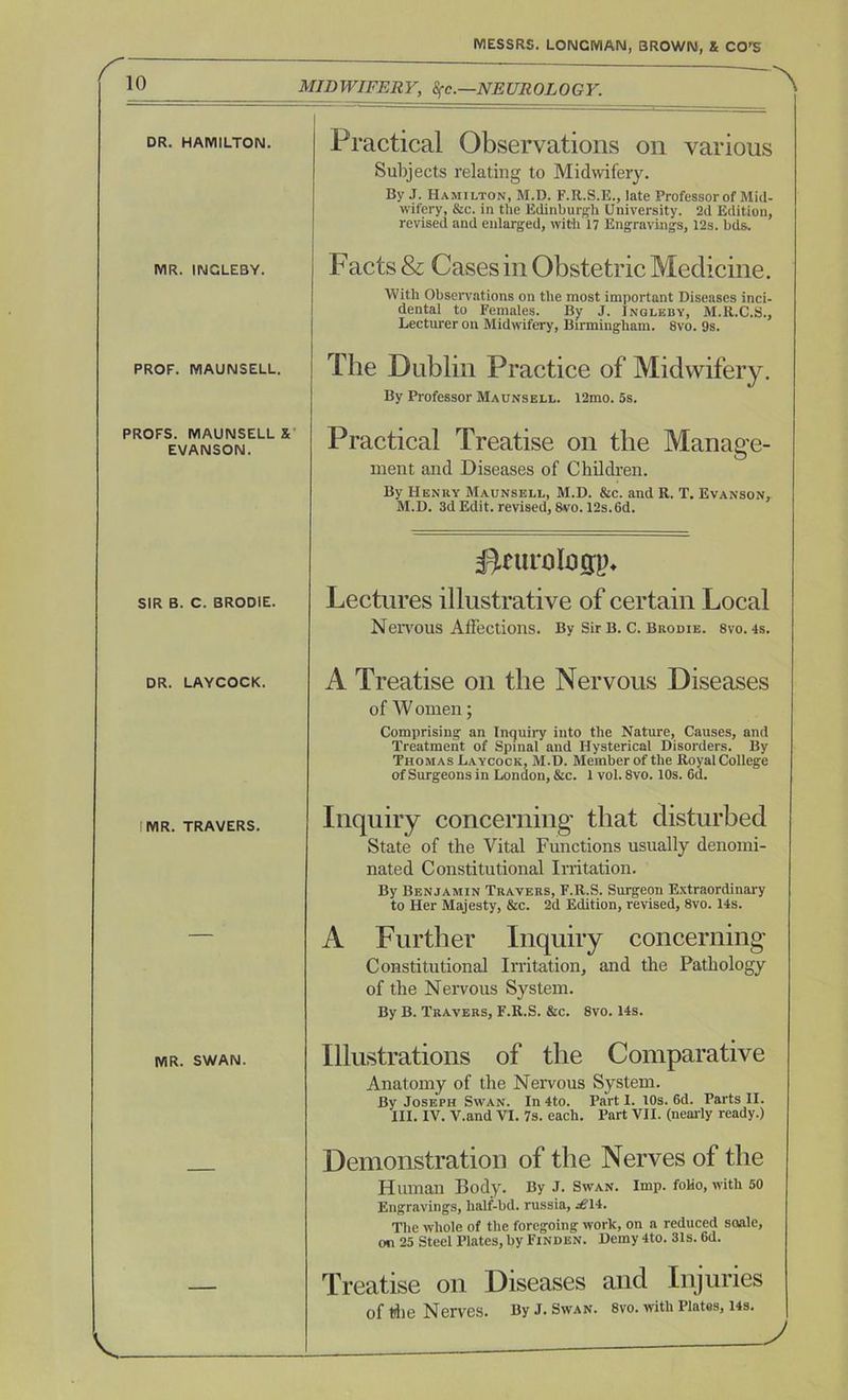 1° MIDWIFERY, Sfc.—NEUROLOGY. DR. HAMILTON. Practical Observations on various Subjects relating to Midwifery. By J. Hamilton, M.D. F.E.S.E., late Professor of Mid- wifery, &c. in the Edinburgh University. 2d Edition, revised and enlarged, with 17 Engravings, 12s. bds. MR. INCLE3Y. Facts & Cases in Obstetric Medicine. With Observations on the most important Diseases inci- dental to Females. By J. Jngleby, M.R.C.S., Lecturer on Midwifery, Birmingham. 8vo. 9s. PROF. MAUNSELL. The Dublin Practice of Midwifery. By Professor Maunsell. 12mo. 5s. PROFS. MAUNSELL X EVANSON. Practical Treatise on the Manage- ment and Diseases of Children. By Henry Maunsell, M.D. &c. and R. T. Evanson, M.D. 3d Edit, revised, 8vo. 12s. 6d. SIR B. C. BRODIE. Dtui'o logiy Lectures illustrative of certain Local Nervous Affections. By Sir b. c. Brodie. 8vo. 4s. DR. LAYCOCK. A Treatise on the Nervous Diseases of Women; Comprising an Inquiry into the Nature, Causes, and Treatment of Spinal and Hysterical Disorders. By Thomas Laycock, M.D. Member of the Royal College of Surgeons in London, &c. 1 vol. 8vo. 10s. 6d. MR. TRAVERS. Inquiry concerning’ that disturbed State of the Vital Functions usually denomi- nated Constitutional Irritation. By Benjamin Travers, F.R.S. Surgeon Extraordinary to Her Majesty, &c. 2d Edition, revised, 8vo. 14s. A Further Inquiry concerning Constitutional Irritation, and the Pathology of the Nervous System. By B. Travers, F.R.S. &c. 8vo. 14s. MR. SWAN. Illustrations of the Comparative Anatomy of the Nervous System. By Joseph Swan. In 4to. Part I. 10s. 6d. Parts II. III. IV. V.and VI. 7s. each. Part VII. (nearly ready.) Demonstration of the Nerves of the Human Body. By J. Swan. Imp. folio, with 50 Engravings, lialf-bd. russia, d?li. The whole of the foregoing work, on a reduced soale, on 25 Steel Plates, by Finden. Demy 4to. 31s. 6d. Treatise on Diseases and Injuries of the Nerves. By J. Swan. 8vo. with Plates, 14s. y