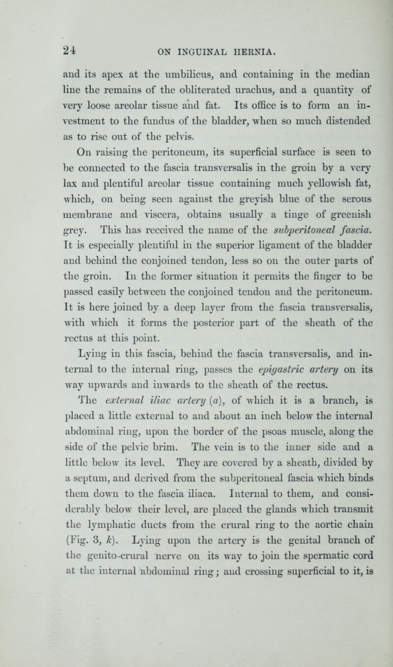 and its apex at the umbilicus, and containing in the median line the remains of the obliterated urachus, and a quantity of very loose areolar tissue and fat. Its office is to form an in- vestment to the fundus of the bladder, when so much distended as to rise out of the pelvis. On raising the peritoneum, its superficial surface is seen to be connected to the fascia transversalis in the groin by a very lax and plentiful areolar tissue containing much yellowish fat, which, on being seen against the greyish blue of the serous membrane and viscera, obtains usually a tinge of greenish grey. This has received the name of the subperitoneal faseia. It is especially plentiful in the superior ligament of the bladder and behind the conjoined tendon, less so on the outer parts of the groin. In the former situation it permits the finger to be passed easily between the conjoined tendon and the peritoneum. It is here joined by a deep layer from the fascia transversalis, with which it forms the posterior part of the sheath of the rectus at this point. Lying in this fascia, behind the fascia transversalis, and in- ternal to the internal ring, passes the epigastric artery on its way upwards and inwards to the sheath of the rectus. The external iliac artery (a), of which it is a branch, is placed a little external to and about an inch below the internal abdominal ring, upon the border of the psoas muscle, along the side of the pelvic brim. The vein is to the inner side and a little below its level. They are covered by a sheath, divided by a septum, and derived from the subperitoneal fascia which binds them down to the fascia iliaca. Internal to them, and consi- derably below their level, are placed the glands which transmit the lymphatic ducts from the crural ring to the aortic chain (Fig. 3, k). Lying upon the artery is the genital branch of the genito -crural nerve on its way to join the spermatic cord at the internal abdominal ring; and crossing superficial to it, is