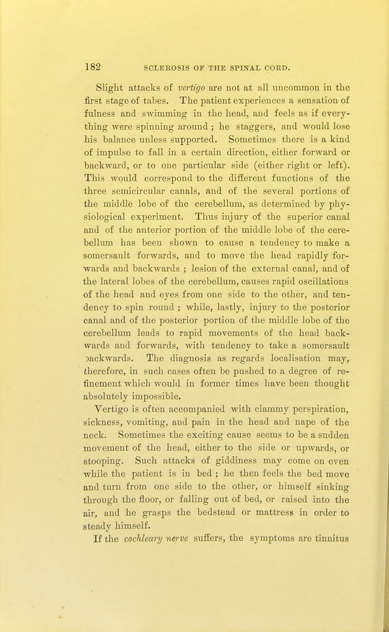 Slight attacks of vertigo are not at all uncommon in the first stage of tabes. The patient experiences a sensation of fulness and swimming in the head, and feels as if every- thing were spinning around ; he staggers, and would lose his balance unless supported. Sometimes there is a kind of impulse to fall in a certain direction, either forward or backward, or to one particular side (either right or left). This would correspond to the different functions of the three semicircular canals, and of the several portions of the middle lobe of the cerebellum, as determined by phy- siological experiment. Thus injury of the superior canal and of the anterior portion of the middle lobe of the cere- bellum has been shown to cause a tendency to make a somersault forwards, and to move the head rapidly for- wards and backwards ; lesion of the external canal, and of the lateral lobes of the cerebellum, causes rapid oscillations of the head and eyes from one side to the other, and ten- dency to spin round ; while, lastly, injury to the posterior canal and of the posterior portion of the middle lobe of the cerebellum leads to rapid movements of the head back- wards and forwards, with tendency to take a somersault backwards. The diagnosis as regards localisation may, therefore, in such cases often be pushed to a degree of re- finement which would in former times have been thought absolutely impossible. Vertigo is often accompanied with clammy perspiration, sickness, vomiting, aud pain in the head and nape of the neck. Sometimes the exciting cause seems to be a sudden movement of the head, either to the side or upwards, or stooping. Such attacks of giddiness may come on even while the patient is in bed ; he then feels the bed move and turn from one side to the other, or himself sinking through the floor, or falling out of bed, or raised into the air, and he grasps the bedstead or mattress in order to steady himself. If the cocMeary nerve suffers, the symptoms are tinnitus