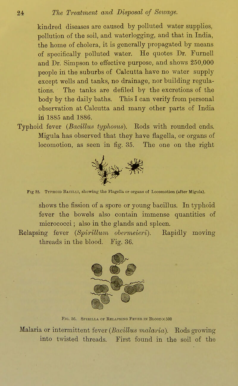 kindred diseases are caused by polluted water supplies, pollution of the soil, and waterlogging, and that in India, the home of cholera, it is generally propagated by means of specifically polluted water. He quotes Dr. Furnell and Dr. Simpson to effective purpose, and shows 250,000 people ill the suburbs of Calcutta have no water supply except wells and tanks, no drainage, nor building regula- tions. The tanks are defiled by the excretions of the body by the daily baths. This I can verify from personal observation at Calcutta and many other parts of India in 1885 and 1886. Typhoid fever {Bacillus typhosus). Rods with rounded ends. Migula has observed that they have flagella, or organs of locomotion, as seen in fig. 35. The one on the right Fig 35. Typhoid Bacilli, showing the Flagella or organs of Locomotion (after Higula). shows the fission of a spore or young bacillus. In typhoid fever the bowels also contain immense quantities of micrococci; also in the glands and spleen. Relapsing fever (Spirillum obermeieri). Rapidly moving threads in the blood. Fig. 36. Fig. 38. Spirilla of Eelapsino Fbver in Blood X 500 Malaria or intermittent fever {Bacillus malaria). Rods growing into twisted threads. First found in the soil of the