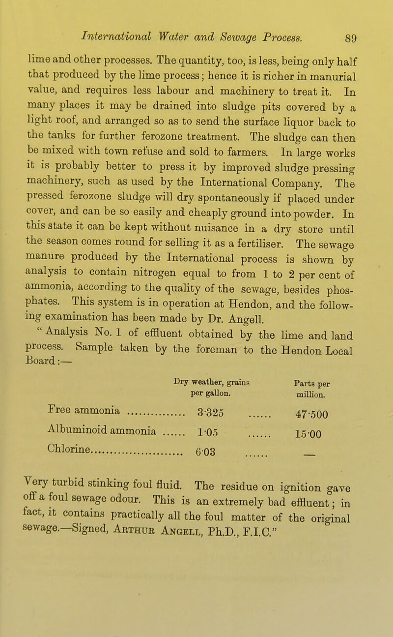 lime and other processes. The quantity, too, is less, being only half that produced by the lime process; hence it is richer in manurial value, and requires less labour and machinery to treat it. In many places it may be drained into sludge pits covered by a light roof, and arranged so as to send the surface liquor back to the tanks for further ferozone treatment. The sludge can then be mixed with town refuse and sold to farmers. In large works it is probably better to press it by improved sludge pressing machinery, such as used by the International Company. The pressed ferozone sludge will dry spontaneously if placed under cover, and can be so easily and cheaply ground into powder. In this state it can be kept without nuisance in a dry store until the season comes round for selling it as a fertiliser. The sewage manure produced by the International process is shown by analysis to contain nitrogen equal to from 1 to 2 per cent of ammonia, according to the quality of the sewage, besides phos- phates. This system is in operation at Hendon, and the follow- ing examination has been made by Dr. Angell. Analysis No. 1 of effluent obtained by the lime and land process. Sample taken by the foreman to the Hendon Local Board:— Dry weather, grains Parts per per gallon. million. Free ammonia 3-325 47-500 Albuminoid ammonia 1-05 15-00 Chlorine 603 Very turbid stmking foul fluid. The residue on ignition gave off a foul sewage odour. This is an extremely bad effluent; in fact. It contains practically all the foul matter of the original sewage.—Signed, Arthur Angell, Ph.D., F.I.C.