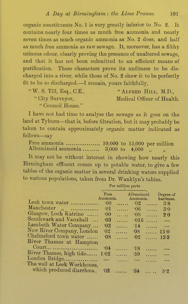 organic constituents No. 1 is very greatly inferior to No. 2. It contains nearly four times as much free ammonia and nearly seven times as much organic ammonia as No. 2 does, and half as much free ammonia as raw sewage. It, moreover, has a filthy urinous odour, clearly proving the presence of unaltered sewage, and that it has not been submitted to an efficient means of purification. These characters prove its unfitness to be dis- charged into a river, while those of No. 2 show it to be perfectly fit to be so discharged.—I remain, yours faithfully, W. S. Till, Esq., C.E., Alfred Hill, M.D.,  City Surveyor, Medical Officer of Health.  Council House. I have not had time to analyse the sewage as it goes on the land at Tyburn—that is, before filtration, but it may probably be taken to contain approximately organic matter indicated as follows—say Free ammonia 10,000 to 16,000 per million Albuminoid ammonia 3,000 to 4,000 „ It may not be without interest in showing how nearly this Birmingham efiluent comes up to potable water, to give a few tables of the organic matter in several drinking waters supplied to various populations, taken from Dr. Wanklyn's tables. Per million parts « Free Albuminoid Degree of Ammonia. Ammonia. hardness. Leek town water -00 -02 3 8 Manchester „ -01 -06 3-0 Glasgow, Loch Katrine -00 -08 2-0 Southwark and Vauxhall ... -03 -016 Lambeth Water Company ... -02 -14 New River Company, London -02 -08 15-0 Chelmsford town water -08 -02 13-3 River Thames at Hampton Court -04 -18 — River Thames, high tide 1-02 -59 — London Bridge The well at Leek Workhouse, which produced diarrhoea.. -02 -34 6-2