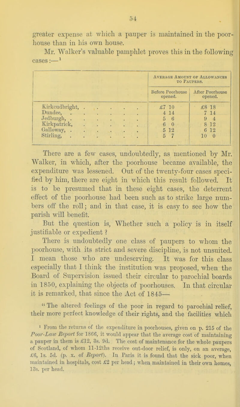 greater expense at ^vllich a paii2:)er is maintained in the poor- house than in his own house. Mr. Walker's valuable pamphlet proves this in the following cases:—^ Average Amount of Allowances TO Paupers. Before Pooihouse After Poorhouse 1 opened. opened. Kirkcudbright, ..... £7 10 £8 18 Dundee, ...... 4 14 7 14 Jedbiugli, ...... 5 6 9 4 Kirkpatrick, ..... 6 0 8 12 Galloway, ...... 5 12 6 12 Stirling, ...... 5 7 10 0 There are a few cases, undoubtedly, as mentioned by Mr. Walker, in which, after the poorhouse became available, the expenditure was lessened. Out of the twenty-four cases speci- fied by him, there are eight in which this result followed. It is to be presumed that in these eight cases, the deterrent effect of the poorhouse had been such as to strike large num- bers off the roll; and in that case, it is easy to see how the parish will benefit. But the question is. Whether such a policy is in itself justifiable or expedient ? There is undoubtedly one class of paupers to whom the poorhouse, with its strict and severe discipline, is not unsuited. I mean those who are undeserving. It was for this class especially that I think the institution was proposed, when the Board of Supervision issued their circular to parochial boards in 1850, explaining the objects of poorhouses. In that circular it is remarked, that since the Act of 1845—  The altered feelings of the poor in regard to parochial relief, their more perfect knowledge of their rights, and the facilities which ' From the returns of the expcnditiu-e in poorhouses, given on p. 215 of the Poor-Law Report for 1866, it would appear that the average cost of maintaining a pauper in them is £12, 3s. 9d. The cost of maintenance for the whole paupers of Scotland, of whom ll-12ths receive out-door relief, is only, on an average, £6, Is. 5d. (p. X. of Report). In Paris it is found that the sick poor, when maintained in hospitals, cost £2 per head; when maintained in their own homes, 13s. per head.