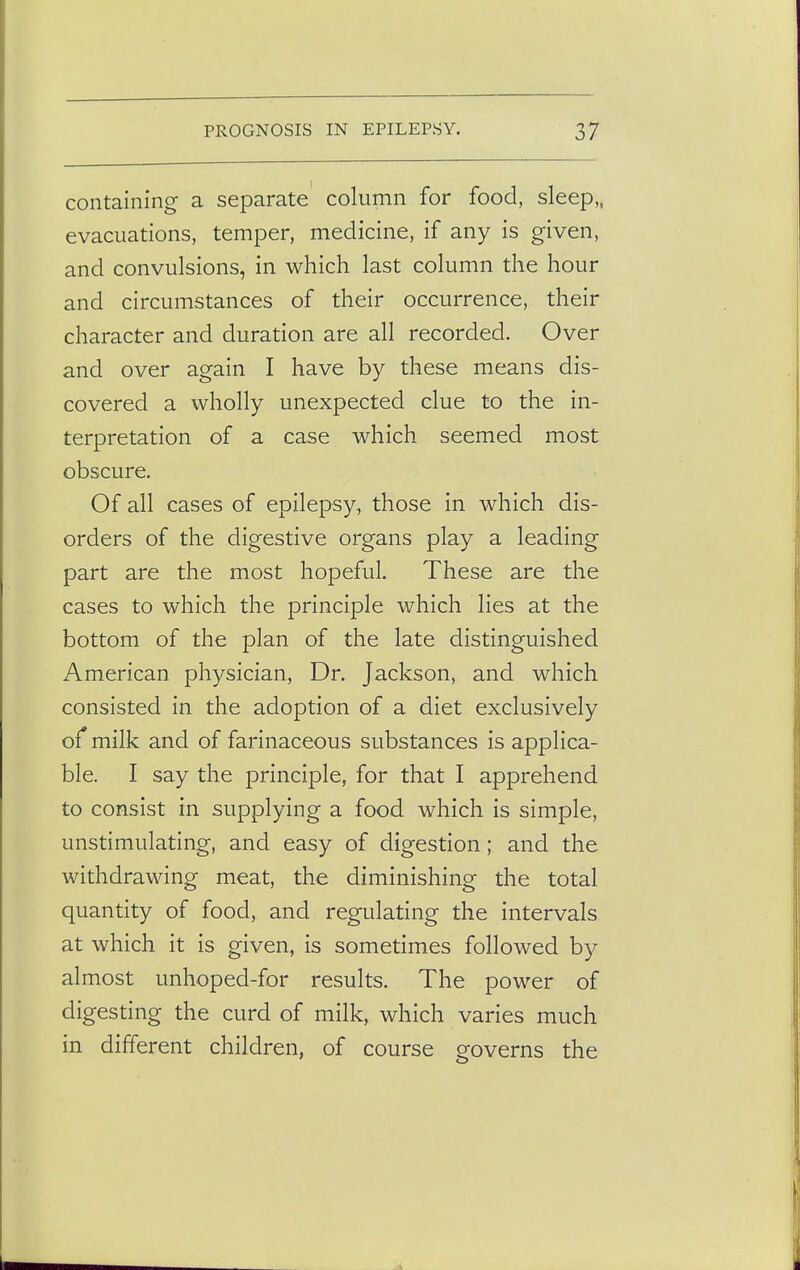 containing a separate column for food, sleep,, evacuations, temper, medicine, if any is given, and convulsions, in which last column the hour and circumstances of their occurrence, their character and duration are all recorded. Over and over again I have by these means dis- covered a wholly unexpected clue to the in- terpretation of a case which seemed most obscure. Of all cases of epilepsy, those in which dis- orders of the digestive organs play a leading part are the most hopeful. These are the cases to which the principle which lies at the bottom of the plan of the late distinguished American physician, Dr. Jackson, and which consisted in the adoption of a diet exclusively of milk and of farinaceous substances is applica- ble. I say the principle, for that I apprehend to consist in supplying a food which is simple, unstimulating, and easy of digestion; and the withdrawing meat, the diminishing the total quantity of food, and regulating the intervals at which it is given, is sometimes followed by almost unhoped-for results. The power of digesting the curd of milk, which varies much in different children, of course governs the