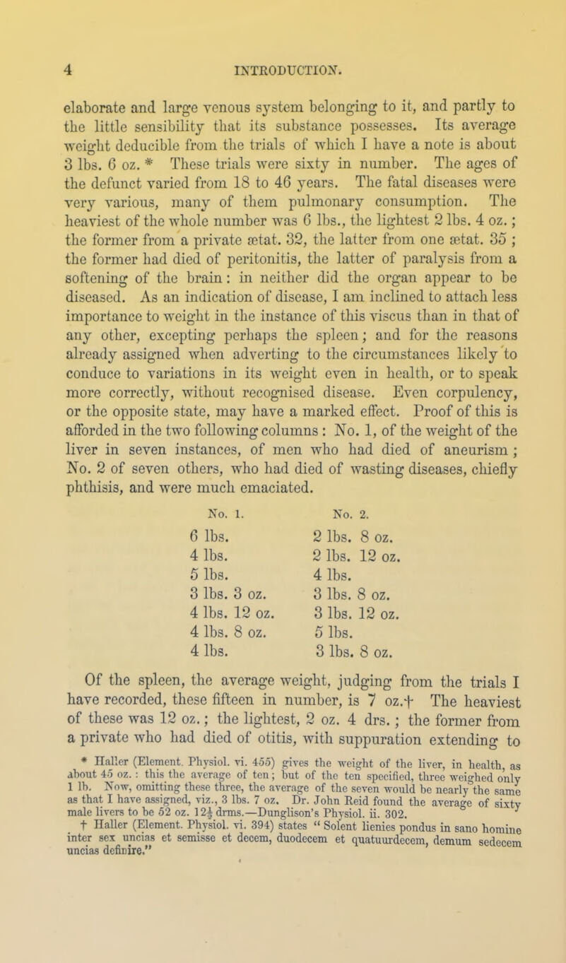 elaborate and large venous system belonging to it, and partly to the little sensibility that its substance possesses. Its average weifflit deducible from the trials of which I have a note is about 3 lbs. G oz, * These trials were sixty in number. The ages of the defunct varied from 18 to 46 years. The fatal diseases were very various, many of them pulmonary consumption. The heaviest of the Avhole number was G lbs., the lightest 2 lbs. 4 oz.; the former from a private setat. 32, the latter from one oetat. 35 ; the former had died of peritonitis, the latter of paralysis from a softening of the brain: in neither did the organ appear to be diseased. As an indication of disease, I am inclined to attach less importance to weight in the instance of this viscus than in that of any other, excepting perhaps the spleen; and for the reasons already assigned when adverting to the circumstances likely To conduce to variations in its weight even in health, or to speak more correctly, without recognised disease. Even corpulency, or the opposite state, may have a marked eftect. Proof of this is afforded in the two following columns : No. 1, of the weight of the liver in seven instances, of men who had died of aneurism ; No. 2 of seven others, who had died of wasting diseases, chiefly phthisis, and were much emaciated. No. 1. No. 2. 6 lbs. 2 lbs. 8 oz. 4 lbs. 2 lbs. 12 oz. 5 lbs. 4 lbs. 3 lbs. 3 oz. 3 lbs. 8 oz. 4 lbs. 12 oz. 3 lbs. 12 oz. 4 lbs. 8 oz. 5 lbs. 4 lbs. 3 lbs. 8 oz. Of the spleen, the average weight, judging from the trials I have recorded, these fifteen in number, is 7 oz.f The heaviest of these was 12 oz.; the lightest, 2 oz. 4 drs.; the former from a private who had died of otitis, with suppuration extending to * Haller (Element. Physiol, ri. 455) gives the weight of the liver, in health, as about 45 oz. : this the average of ten; but of the ten .specified, three weighed only 1 lb. Now, omitting these three, the average of the seven would be nearly the same as that I have assigned, viz., 3 lbs. 7 oz. Dr. John Reid found the average of sixty male livers to be 52 oz. 12^ drms.—Dunglison’s Physiol, ii. 302. ^ t Haller (Element. Physiol, vi. 394) states « Solent lienies pondus in sano homine inter sex uncias et semisse et decern, duodecem et quatuurdecem, demum sedecem uncias definire.”