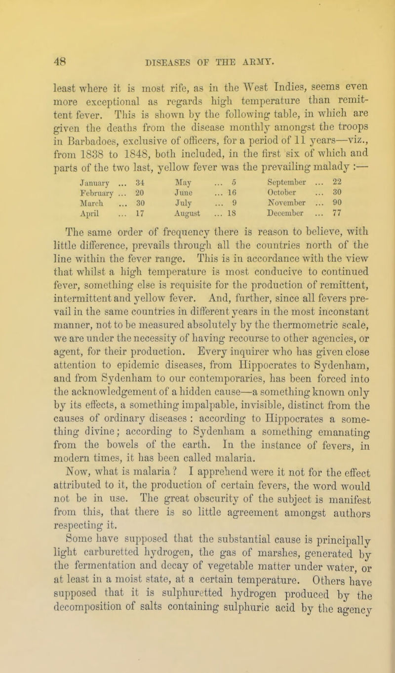 least Avliere it is most rife, as in the West Indies, seems even more exceptional as regards high temperature than remit- tent fever. This is shown by the following table, in which are given the deaths from the disease monthly amongst the troops in Barbadoes, exclusive of officers, for a period of 11 years—viz., from 1838 to 1848, both included, in the first six of which and parts of the two last, yellow fever was the prevailing malady :— January ... 34 lUay ... 5 September ... 22 February ... 20 June ... 16 October ... 30 March ... 30 July ... 9 November ... 90 April ... 17 August ... 18 December ... 77 The same order of frequency there is reason to believe, wuth little difference, prevails through all the countries north of the line within the fever range. This is in accordance with the view that whilst a high temperature is most conducive to continued fever, something else is requisite for the production of remittent, intermittent and yellow fever. And, further, since all fevers pre- vail in the same countries in different years in the most inconstant manner, not to be measured absolutel}'^ by the thermometric scale, we are under the necessity of having recourse to other agencies, or agent, for their production. Every inquirer who has given close attention to epidemic diseases, from Hippocrates to S3ffienham, and from Sydenham to our contemporaries, has been forced into the acknowledgement of a hidden cause—a something known only by its effects, a something impalpable, invisible, distinct from the causes of ordinary diseases : according to Hippocrates a some- thing divine; according to Sj^denham a something emanating from the bowels of the earth. In the instance of fevers, in modern times, it has been called malaria. Now, what is malaria ? I apprehend were it not for the effect attributed to it, the production of certain fevers, the word would not be in use. The great obscurity of the subject is manifest from this, that there is so little agreement amongst authors respecting it. Some have supposed that the substantial cause is principally light carburet ted hydrogen, the gas of marshes, generated by the fermentation and decay of vegetable matter under water, or at least in a moist state, at a certain temperature. Others have supposed that it is sulphuretted hydrogen produced by the decomposition of salts containing sulphuric acid by the agency