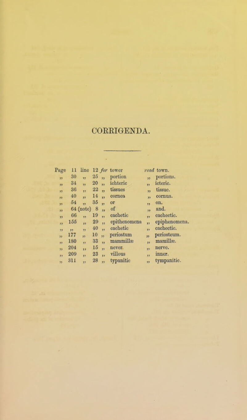 COEEIGENDA. Page 11 line 12 for tower 7-ead town. V 30 1? 25 yy portion yy portions. )f 34 yy 20 yy ichteric yy icteric. yj 36 yy 22 yy tissues yy tissue. yy 40 yy 14 yy cornea yy cornua. yy 54 yy 35 yy or yy on. yy 64 (note) 8 yy of yy and. yy 66 yy 19 yy cachetic yy cachectic. yy 156 yy 29 yy epithenomena yy epiphenomena. yy >> yy 40 yy cachetic yy cachectic. yy 177 yy 10 yy periostum yy periosteum. yy 180 yy 33 yy mammillae yy mamilla). yy 204 yy 15 yy never- yy nerve. yy 209 yy 23 II villous yy inner. yy 311 yy 28 yy typanitic yy tympanitic.