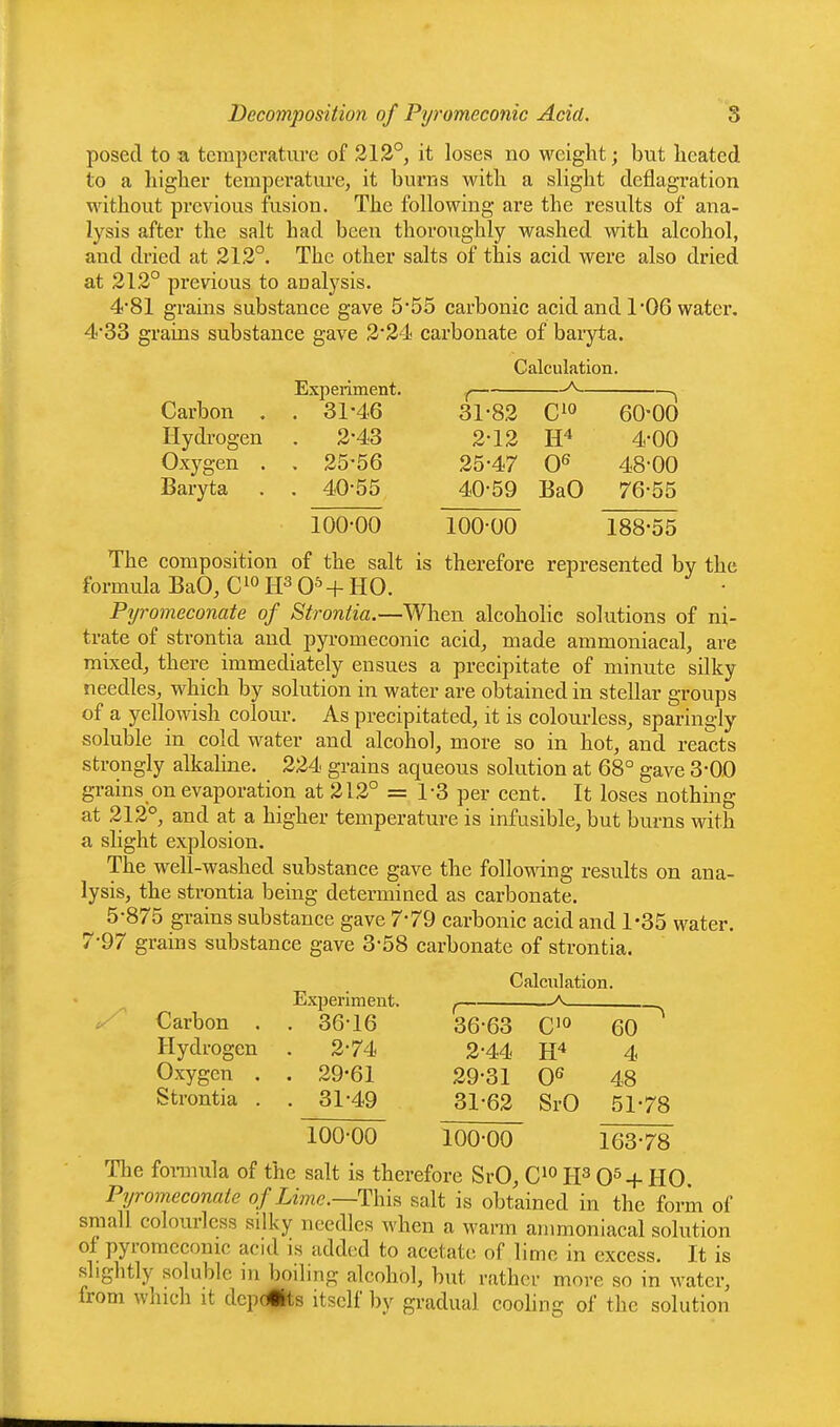 posed to a temperature of 212°, it loses no weight; but heated to a higher tempei'ature, it burns with a slight deflagration without previous fusion. The following are the results of ana- lysis after the salt had been thoroughly washed with alcohol, and dried at 212°. The other salts of this acid were also dried at 212° previous to aoalysis. 4*81 grains substance gave 5*55 carbonic acid and 1 06 water. 4'33 grains substance gave 2*24 carbonate of baiyta. Experiment. Calculation. Carbon . . 31-46 31-82 C^o 60-00 Hydrogen . 2-43 2-12 4-00 Oxygen . . 25-56 25-47 0^ 48-00 Baryta . . 40-55 40-59 BaO 76-55 100-00 100-00 188-55 The composition of the salt is therefore represented by the formula BaO, C^o 0^ + HO. Pyromeconate of Strontia.—When alcoholic solutions of ni- trate of strontia and pyi-omeconic acid, made ammoniacal, are mixed, there immediately ensues a precipitate of minute silky needles, which by solution in water are obtained in stellar groups of a yellowish colour. As precipitated, it is colourless, sparingly soluble in cold water and alcohol, more so in hot, and reacts strongly alkahne. 224 grains aqueous solution at 68° gave 3-00 grains on evaporation at 212° = 1-3 per cent. It loses nothing at 212°, and at a higher temperature is infusible, but burns with a slight explosion. The well-washed substance gave the following results on ana- lysis, the strontia being determined as carbonate. 5-875 grains substance gave 7-79 carbonic acid and 1-35 water. 7-97 grains substance gave 3-58 carbonate of strontia. Calculation. Experiment. ^ _.A_ ^' Carbon . . 36-16 36-63 0'° 60 Hydrogen . 2-74 2-44 H^ 4 Oxygen . . 29-61 29-31 0*^ 48 Strontia . . 31-49 31-62 SrO 51-78 100-00 100-00 163-78 The fonnula of the salt is therefore SrO, C'^ IP O^-f HO. Pyromeconate of Lime.~Thk salt is obtained in the form of small colourless silky needles when a wai-m ammoniacal solution of pyromeconic acid is added to acetate of lime in excess. It is slightly soluble in boiling alcohol, but rather more so in water, from which it depc^ts itself by gradual coohng of the solution