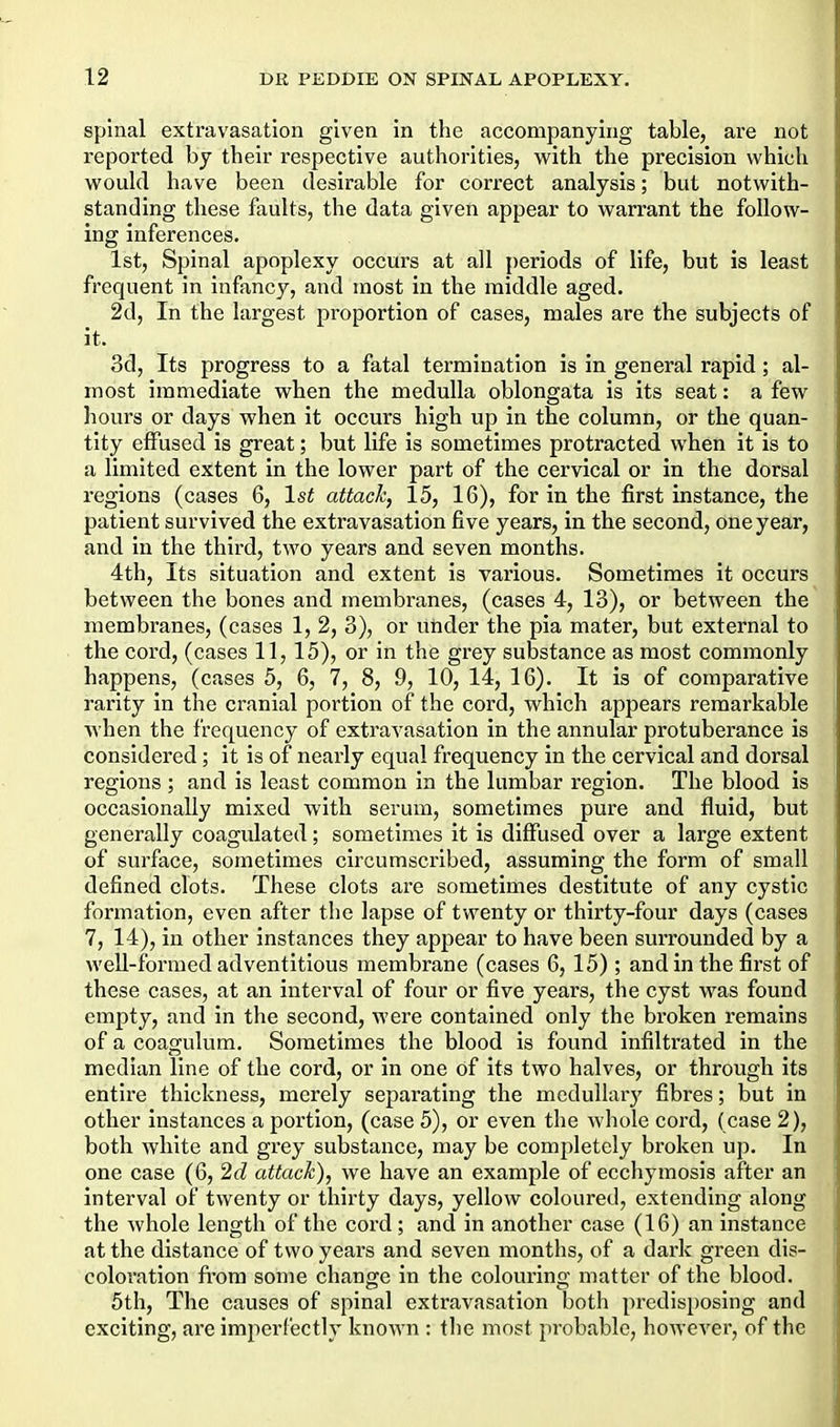 Spinal extravasation given in the accompanying table, are not reported by their respective authorities, with the precision which would have been desirable for correct analysis; but notwith- standing these faults, the data given appear to warrant the follow- ing inferences. 1st, Spinal apoplexy occurs at all periods of life, but is least frequent in infancy, and most in the middle aged. 2d, In the largest proportion of cases, males are the subjects of it. 3d, Its progress to a fatal termination is in general rapid ; al- most immediate when the medulla oblongata is its seat: a few hours or days when it occurs high up in the column, or the quan- tity effused is great; but life is sometimes protracted when it is to a limited extent in the lower part of the cervical or in the dorsal regions (cases 6, 1st attack, 15, 16), for in the first instance, the patient survived the extravasation five years, in the second, one year, and in the third, two years and seven months. 4th, Its situation and extent is various. Sometimes it occurs between the bones and membranes, (cases 4, 13), or between the membranes, (cases 1, 2, 3), or urider the pia mater, but external to the coi'd, (cases 11, 15), or in the grey substance as most commonly happens, (cases 5, 6, 7, 8, 9, 10, 14, 16). It is of comparative rarity in the cranial portion of the cord, which appears remarkable when the frequency of extravasation in the annular protuberance is considered; it is of nearly equal frequency in the cervical and dorsal regions ; and is least common in the lumbar region. The blood is occasionally mixed with serum, sometimes pure and fluid, but generally coagulated; sometimes it is diffused over a large extent of surface, sometimes circumscribed, assuming the form of small defined clots. These clots are sometimes destitute of any cystic formation, even after the lapse of twenty or thirty-four days (cases 7, 14), in other instances they appear to have been surrounded by a weU-formed adventitious membrane (cases 6, 15); and in the first of these cases, at an interval of four or five years, the cyst was found empty, and in the second, were contained only the broken remains of a coagulum. Sometimes the blood is found infiltrated in the median line of the cord, or in one of its two halves, or through its entire thickness, merely separating the medullar)^ fibres; but in other instances a portion, (case 5), or even the whole cord, (case 2), both white and grey substance, may be completely broken up. In one case (6, 2d attack), we have an example of ecchymosis after an interval of twenty or thirty days, yellow coloured, extending along the whole length of the cord; and in another case (16) an instance at the distance of two years and seven months, of a dark green dis- coloration fi'ora some change in the colouring matter of the blood. 5th, The causes of spinal extravasation both predisposing and exciting, are imperfectly known : the most probable, however, of the