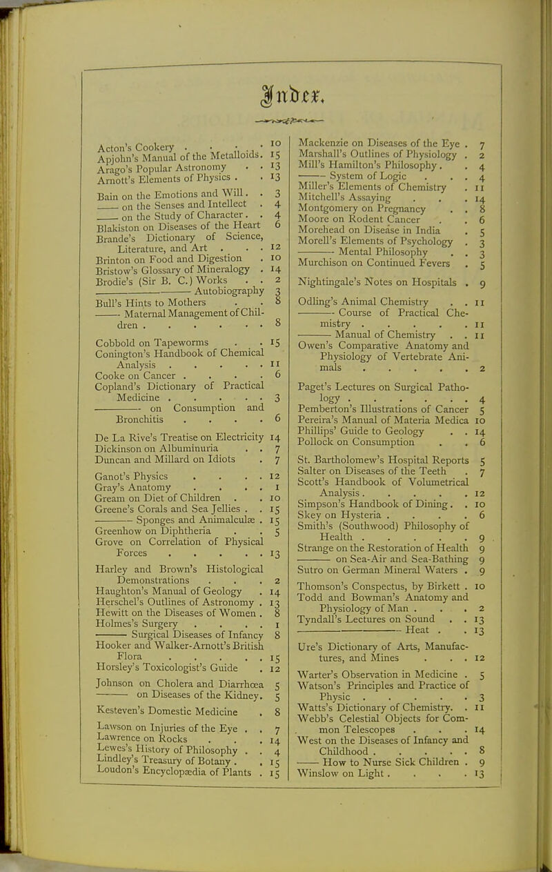 Acton's Cookery . • • • J° Apjolin's Manual of the Metalloids. IS Arago's Popular Astronomy . • 13 Arnott's Elements of Physics . . 13 Bain on the Emotions and Will. . 3 on the Senses and Intellect . 4 . on the Study of Character. . 4 Blakiston on Diseases of the Heart 6 Brande's Dictionaiy of Science, Literature, and Art . . . I2 Brinton on Food and Digestion . lO Bristow's Glossary of Mineralogy . 14 Brodie's (Sir B. C.) Works . . 2 Autobiography 3 Bull's Hints to Mothers . .8 Maternal Management of Chil- dren . . . . . , 8 Cobbold on Tapeworms . . 15 Conington's Handbook of Chemical Analysis . . . . . 11 Cooke on Cancer ... .6 Copland's Dictionary of Practical Medicine 3 on Consumption and Broncliitis .... 6 De La Rive's Treatise on Electricity 14 Dickinson on Albuminuria . . 7 Duncan and Millard on Idiots . 7 Ganot's Physics . . . . 12 Gray's Anatomy . . . . I Gream on Diet of Children . . 10 Greene's Corals and Sea Jellies . .15 Sponges and Animalculse . 15 Greenhow on Diphtheria . . 5 Grove on Correlation of Physical Forces . , . . . 13 Harley and Brown's Histological Demonstrations . . .2 Haughton's Manual of Geology . 14 Herschel's Outlines of Astronomy . 13 Hewitt on the Diseases of Women . 8 Holmes's Surgery . . . . i Surgical Diseases of Infancy 8 Hooker and Walker-Arnott's British Flora . , . . . 15 Horsley's Toxicologist's Guide . 12 Johnson on Cholera and Diarrhoea 5 on Diseases of the Kidney. 5 Kesteven's Domestic Medicine . 8 Lawson on Injuries of the Eye . , 7 Lawrence on Rocks . . .14 Lewes's History of Philosophy . . 4 Lindley's Treasury of Botany . . 15 Mackenzie on Diseases of the Eye Marshall's Outlines of Physiology Mill's Hamilton's Philosophy. —; System of Logic Miller's Elements of Chemistry Mitchell's Assaying Montgomery on Pregnancy Moore on Rodent Cancer Morehead on Disease in India MoreU's Elements of Psychology Mental Philosophy Murchison on Continued Fevers Nightingale's Notes on Hospitals Odling's Animal Chemistry Course of Practical Che mistry .... Manual of Chemistry 7 2 4 4 II 14 8 6 S 3 3 5 II II II Owen's Comparative Anatomy and Physiology of Vertebrate Ani' mals .... Paget's Lectm-es on Surgical Patho logy 4 Pemberton's Illustrations of Cancer 5 Pereira's Manual of Materia Medica 10 Phillips' Guide to Geology . . 14 Pollock on Consumption . , 6 St. Bartholomew's Hospital Reports 5 Salter on Diseases of the Teeth . 7 Scott's Handbook of Volumetrical Analysis. . . . .12 Simpson's Handbook of Dining. . 10 Skey on Hysteria . . . .6 Smith's (Southwood) Philosophy of Health g Strange on the Restoration of Health 9 on Sea-Air and Sea-Bathing 9 Sutro on German Mineral Waters . 9 Thomson's Conspectus, by Birkett . 10 Todd and Bowman's Anatomy and Physiology of Man . . , 2 Tyndall's Lectures on Sound . . 13 Heat . . 13 Ure's Dictionary of Arts, Manufac- tures, and Mines . . . 12 Warter's Observation in Medicine . S Watson's Principles and Practice of Physic . . . . . 3 Watts's Dictionary of Chemistry. . 11 Webb's Celestial Objects for Com- mon Telescopes . . .14 West on the Diseases of Infancy and Childhood 8 How to Nurse Sick Children . 9