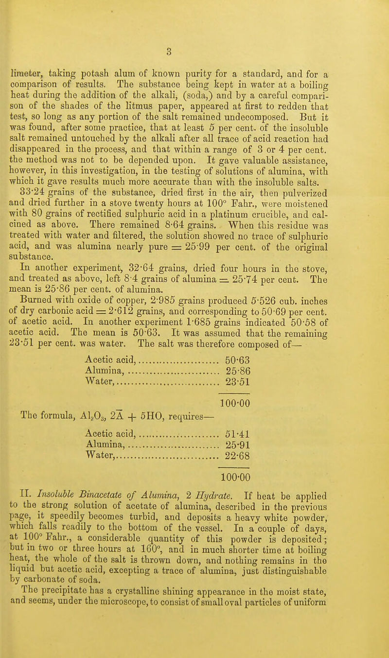 liraeter, taking potash alum of known purity for a standard, and for a comparison of results. The substance being kept in water at a boiling heat during the addition of the alkali, (soda,) and by a careful compari- son of the shades of the litmus paper, appeared at first to redden that test, so long as any portion of the salt remained undecomposed. But it was found, after some practice, that at least 5 per cent, of the insoluble salt remained untouched by the alkali after all trace of acid reaction had disappeared in the process, and that within a range of 3 or 4 per cent, the method was not to be depended upon. It gave valuable assistance, however, in this investigation, in the testing of solutions of alumina, with which it gave results much more accurate than with the insoluble salts. 33-24 grains of the substance, dried first in the air, then pulverized and dried further in a stove twenty hours at 100° Fahr., were moistened with 80 grains of rectified sulphuric acid in a platinum crucible, and cal- cined as above. There remained 8'64 grains. When this residue was treated with water and filtered, the solution showed no trace of sulphuric acid, and was alumina nearly pure = 25'99 per cent, of the original substance. In another experiment, 32'64: grains, dried four hours in the stove, and treated as above, left 8 4 grains of alumina =z. 25'74 per cent. The mean is 25'86 per cent, of alumina. Burned with oxide of copper, 2-985 grains produced 5-526 cub. inches of dry carbonic acid = 2-612 grains, and corresponding to 50-69 per cent, of acetic acid. In another experiment 1-685 grains indicated 50-58 of acetic acid. The mean is 50-63. It was assumed that the remaining 23-51 per cent, was water. The salt was therefore composed of— Acetic acid, 50-63 Alumina, 25-86 Water, 23-51 100-00 The formula, Al;;03, 2A + 5H0, requires— Acetic acid, 51-41 Alumina, 25*91 Water, 22-68 100-00 II. Insoluble Binacetate of Alumina, 2 Hydrate. If heat be applied to the strong solution of acetate of alumina, described in the previous page, it speedily becomes turbid, and deposits a heavy white powder, which falls readily to the bottom of the vessel. In a couple of days, at 100° Fahr., a considerable quantity of this powder is deposited; but in two or three hours at 160°, and in much shorter time at boiling heat, the whole of the salt is thrown down, and nothing remains in the liquid but acetic acid, excepting a trace of alumina, just distinguishable by carbonate of soda. The precipitate has a crystalline shining appearance in the moist state, and seems, under the microscope, to consist of small oval particles of uniform