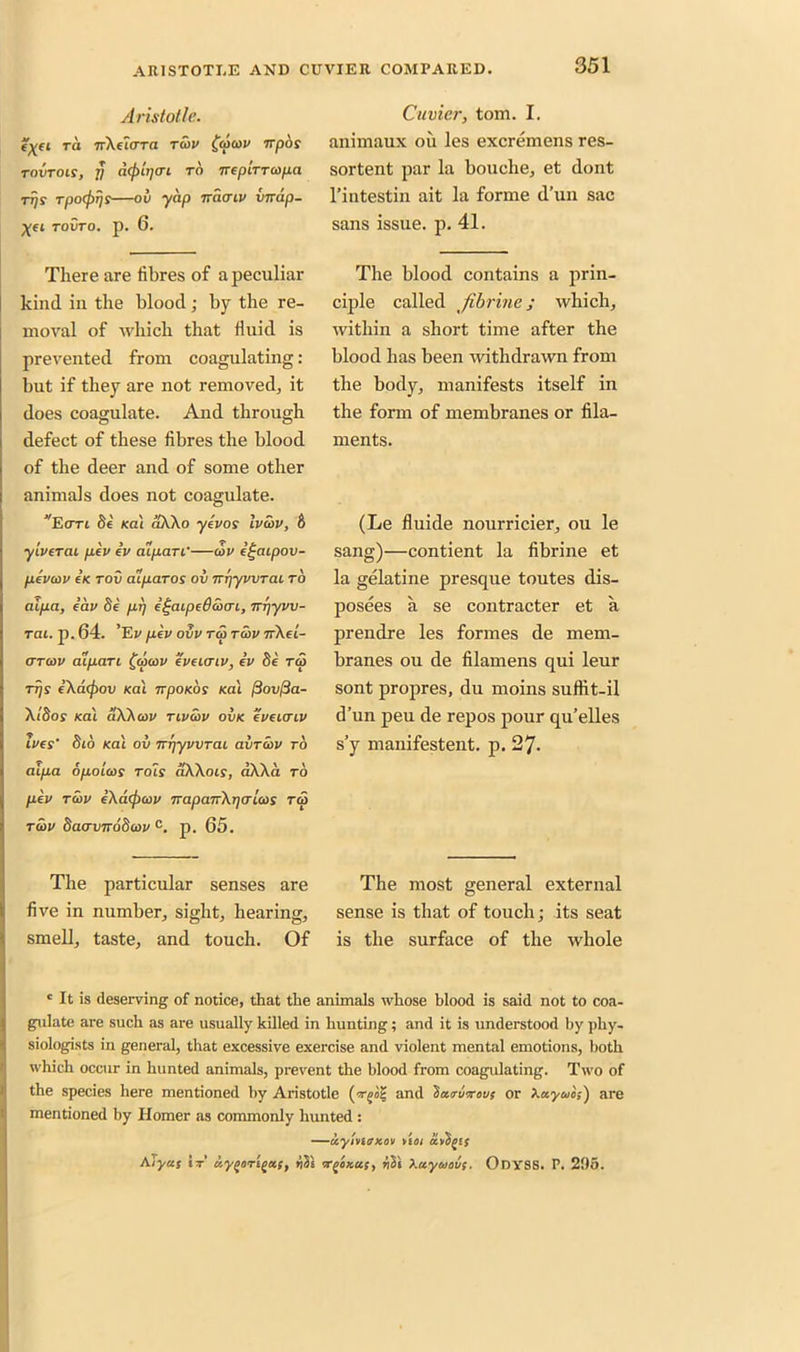 Aristotle. e%ei rd TrXelcrra to>v (cocov npos TOVTOIS, ii a(f>U]tTl TO TTeplTTCOpa tt}s rpoiprjs—ot> yap tracriv virap- %ei tovto. p. 6. There are fibres of a peculiar kind in the blood; by the re- moval of which that fiuid is prevented from coagulating: but if they are not removed, it does coagulate. And through defect of these fibres the blood of the deer and of some other animals does not coagulate. Eoti 8e Kcd aXXo ye VOS ivcov, 6 yiverai pev iv aipan'—cov e^atpov- peviov eK tov aiparos ov TTrjyvvTai to aipa, ear 8e pi) e£aipe6£>cn, nrjyvv- rai. p.64. ’Er pev ovv rco tcov nXei- cttcov aipan (cocov eveiaiv, ev 8e ra> ■rijs eXdcfiov Ka'i npoKos Kal (3ov[3a- X/Sor Kal dXXcov tivcov ovk eveiaiv Ives' 816 Kal oil nrjyvVTai ovtcov to aipa dpo’uos Tois dWois, aXXa to pev tcov eXdcfxov TrapanX^crlcos ra> t5>v daovnotScov c. p. 65. The particular senses are five in number, sight, hearing, smell, taste, and touch. Of Cuvier, tom. I. animaux ou les excremens res- sortent par la bouche, et dont l’intestin ait la forme d’un sac sans issue, p. 41. The blood contains a prin- ciple called jibrine; which, within a short time after the blood has been withdrawn from the body, manifests itself in the form of membranes or fila- ments. (Le fluide nourricier, ou le sang)—contient la fibrine et la gelatine presque toutes dis- posees a se contracter et a prendre les formes de mem- branes ou de filamens qui leur sont propres, du moins suffit-il d’un peu de repos pour qu’elles s’y manifestent. p. 27- The most general external sense is that of touch; its seat is the surface of the whole c It is deserving of notice, that the animals whose blood is said not to coa- gulate are such as are usually killed in hunting; and it is understood by phy- siologists in general, that excessive exercise and violent mental emotions, both which occur in hunted animals, prevent the blood from coagulating. Two of the species here mentioned by Aristotle and hairvirovs or 'Kaytaos') are mentioned by Homer as commonly hunted : —u.y'mUKo't tioi audits Alyas It’ dygoriguf, ridi trgcxas, l.ayaev;. ODYSS. P. 205.