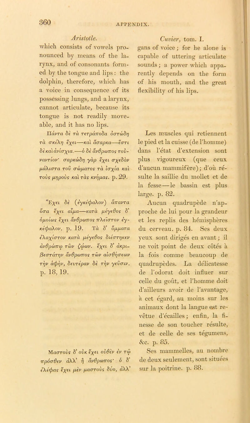 APX’ENDIX. Aristotle. which consists of vowels pro- nounced by means of the la- rynx, and of consonants form- ed by the tongue and lips : the dolphin, therefore, which has a voice in consequence of its possessing lungs, and a larynx, cannot articidate, because its tongue is not readily move- able, and it has no lips. Havra 81 ra rerpanoSa octtoiSt; ra CKeXr) e%ei—/cat aaapKa—i'an 06 KaLavicrxici.—o Oe avupcoTros tov- vavriov' crapKOibr) yap cr^edov paXicrra tov crwparos ra la^ia kat tovs pr/povs /cat ray Kvrjpas. p. 29. E^et 8e (eyKecfiaXor') anavra oaa i'xCL aLpa—Kara ply (80s 8’ opoicos exeL avQpomos TrXeicrTOv iy- KeifiaXov. p. 19. Ta 8’ oppara iXaxlcrTov Kara peyedos 8ie<TTt]Kev avOpomci) tcov £cooov. i'x6L & a<pi- (3o(TTciTrjV avOpmros raw atadrjoreaiv tt]v a(f)r)v, devrtpav 8e rrjv yevcriv. p. 18, 19. Maarot/y 8’ owe e^et ovdev ev tm 7rp6a6ev aXX’ f) uvOpanros’ o 8 tXl(f)as txfL 8*v poarrovs 8vo, aXX’ Cuvier, tom. I. gans of voice; for he alone is capable of uttering articulate sounds ; a power which appa- rently depends on the form of his mouth, and the great flexibility of his lips. Les muscles qui retiennent le pied et la cuisse (de l’homme) dans l’etat d’extension sont plus vigoureux (que ceux d’aucun mammifere); d’ou re- sulte la saillie du mollet et de la fesse—le bassin est plus large, p. 82. Aucun quadrupede n’ap- proche de lui pour la grandeur et les replis des hemispheres du cerveau. p. 84. Ses deux yeux sont diriges en avant; il ne voit point de deux cotes a la fois comme beaucoup de quadrupedes. La delicatesse de l’odorat doit influer sur celle du gout, et l’homme doit d’ailleurs avoir de l’avantage, a cet egard, au moins sur les animaux dont la langue est re- vetue d’ecailles; enfin, la fi- nesse de son toucher resulte, et de celle de ses tegumens. See. p. 85. Ses mammelles, au nombre de deux seulement, sont situees sur la poitrine. p. 88.