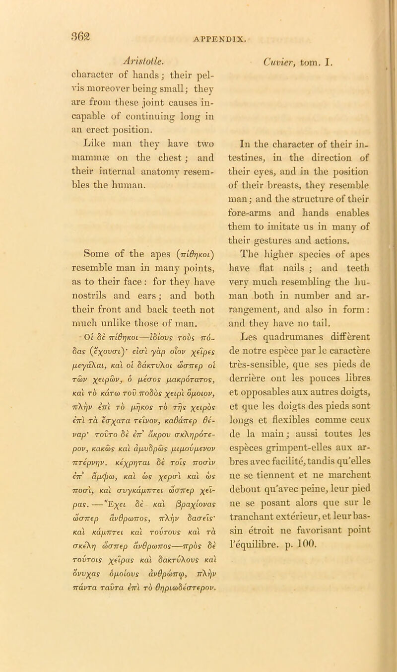 APPENDIX. Aristotle. character of hands; their pel- vis moreover being small; they are from these joint causes in- capable of continuing long in an erect position. Like man they have two mammae on the chest; and their internal anatomy resem- bles the human. Some of the apes (nidrjieoi) resemble man in many points, as to their face: for they have nostrils and ears; and both their front and back teeth not much unlike those of man. Ot be mSrjKOL—Ibiovs toos no- lias (vyovcri)- fieri ycip olov Xe~Lpes peyaXai, ml oi baieTvXoi aanep oi tcov xeipuiv, 6 pea-os pciKpoTaros, rat to (Cara) tov nobos XelPl bpoiov, n\r]v ini to prjieos to Trjs xeLP°s ini Ta ecr^ara reivov, mdanep 6e- vap’ tovto be in utepov cneXrjpoTe- pov, KaKcos leal apvbpcos pipovpevov nTepvr/v. leexppTaL be rols noalv in apcjxo, Kal toy XeP<TL KaL noal, (cat avyKapnrei oicrnep ^et- pas. —vE^ct be (cat jipaxlovas caanep avdpconos, nXrjv baa-els' ml mpnrei ml tovtovs ml ra cn<e\r) atanep avdpwnos—npbs be tovtols x(ipas ml baicTvXovs ml ovvxas opo'iovs dvdpwna, nXrjv ndvra ravTa ini to Dr/pieobcaTepou. Cuvier, tom. I. In the character of their in- testines, in the direction of their eyes, and in the position of their breasts, they resemble man; and the structure of their fore-arms and hands enables them to imitate us in many of their gestures and actions. The higher species of apes have flat nails ; and teeth very much resembling the hu- man both in number and ar- rangement, and also in form: and they have no tail. Les quadrumanes different de notre espece par le caractere tres-sensible, que ses pieds de derriere ont les pouces libres et opposables aux autres doigts, et que les doigts des pieds sont longs et fiexibles comme ceux de la main; aussi toutes les especes grimpent-elles aux ar- bres avec facilite,tandis qu’elles ne se tiennent et ne marchent debout qu’avec peine, leur pied ne se posant alors que sur le tranchant exterieur, et leurbas- sin etroit ne favorisant point l’equilibre. p. 100.